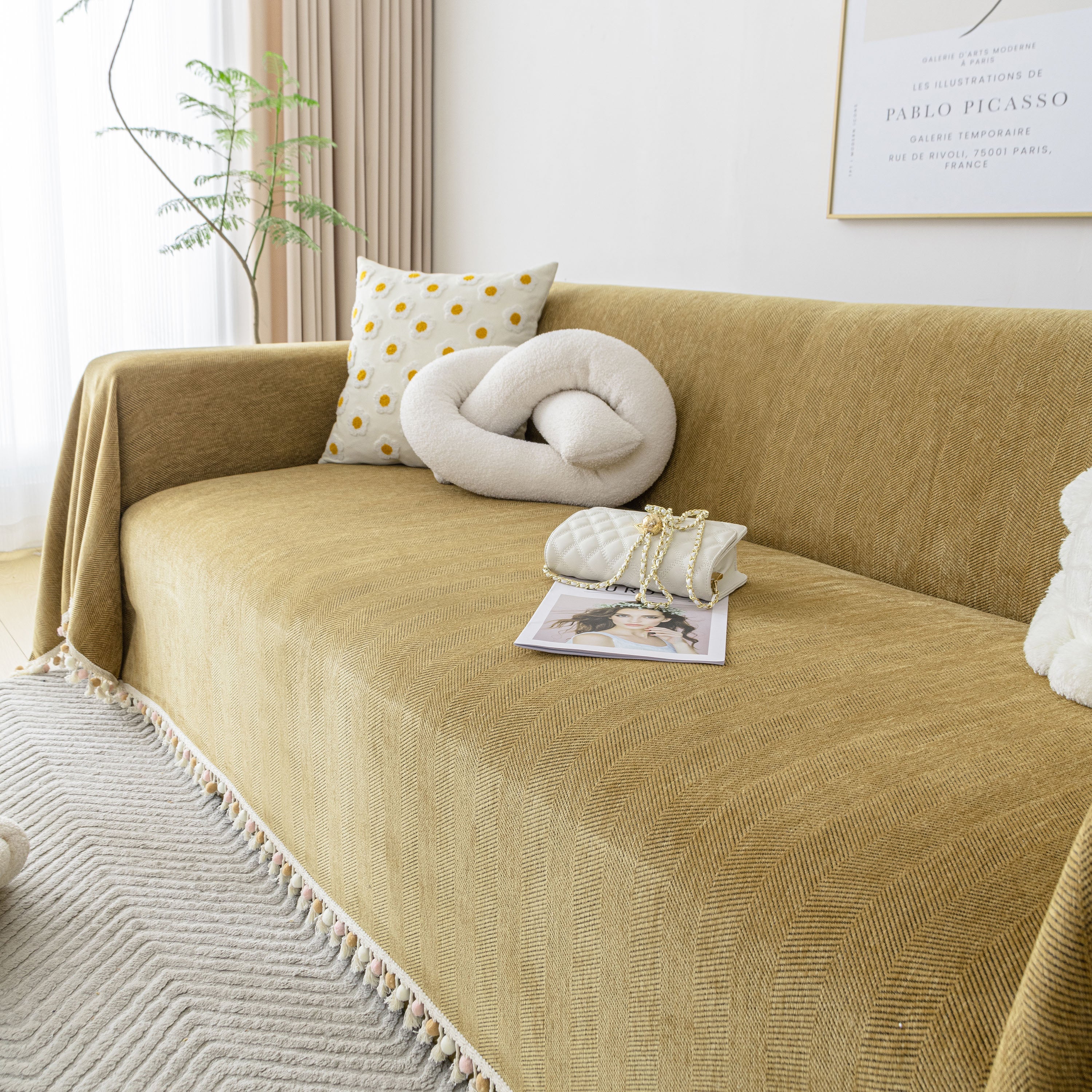 Boho Herringbone Sofa Throw Blanket with Pom Pom Tassels Stylish Furniture Slipcover - Image 114