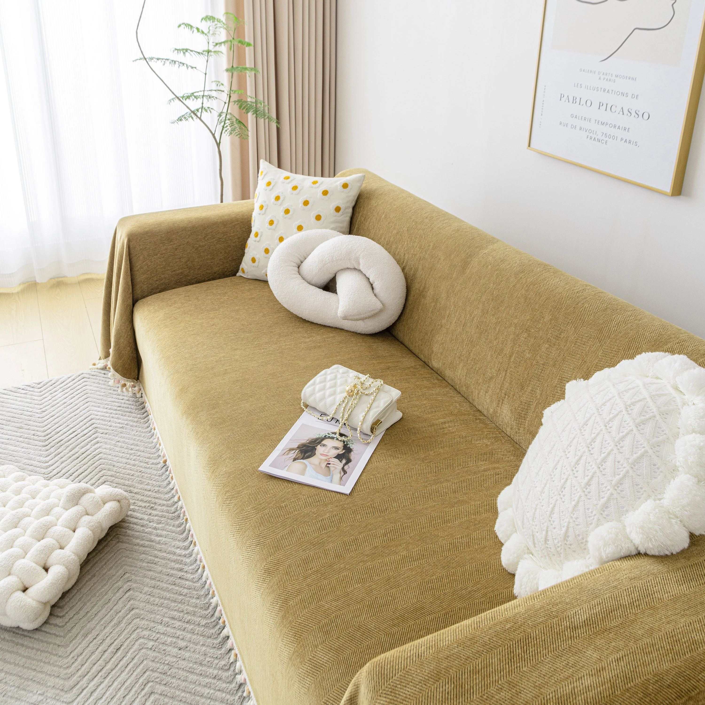 Boho Herringbone Sofa Throw Blanket with Pom Pom Tassels Stylish Furniture Slipcover - Image 115