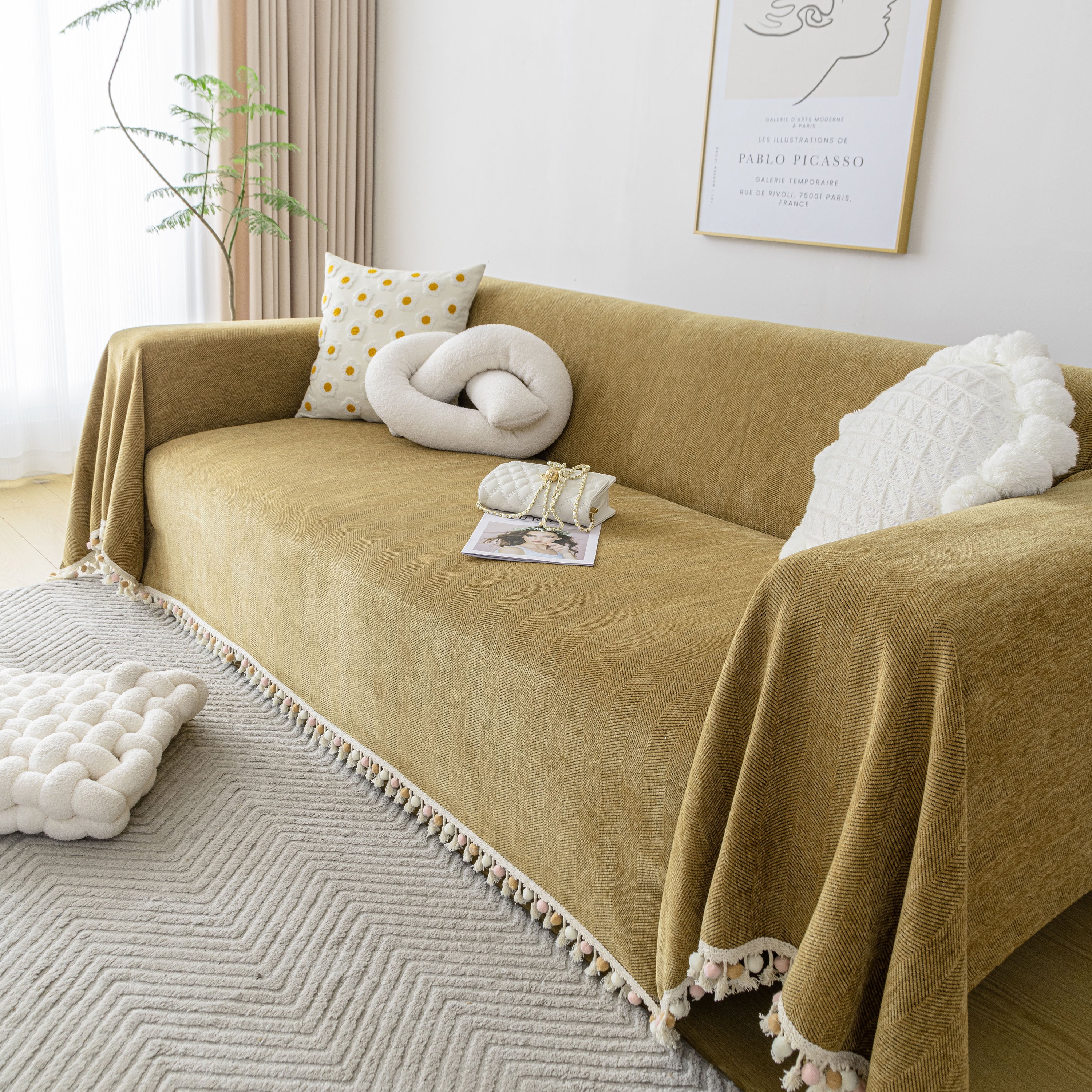 Boho Herringbone Sofa Throw Blanket with Pom Pom Tassels Stylish Furniture Slipcover - Image 116