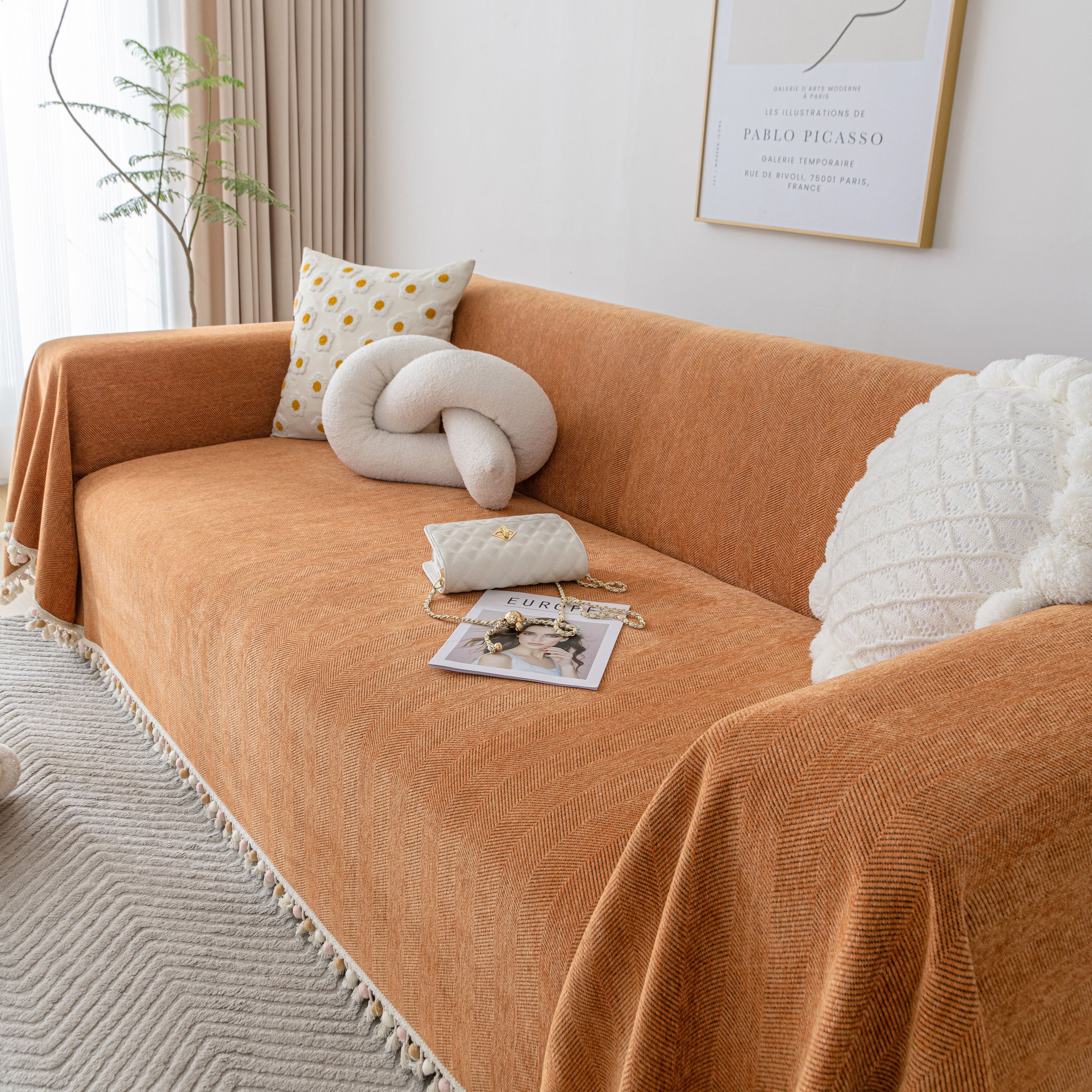 Boho Herringbone Sofa Throw Blanket with Pom Pom Tassels Stylish Furniture Slipcover - Image 12