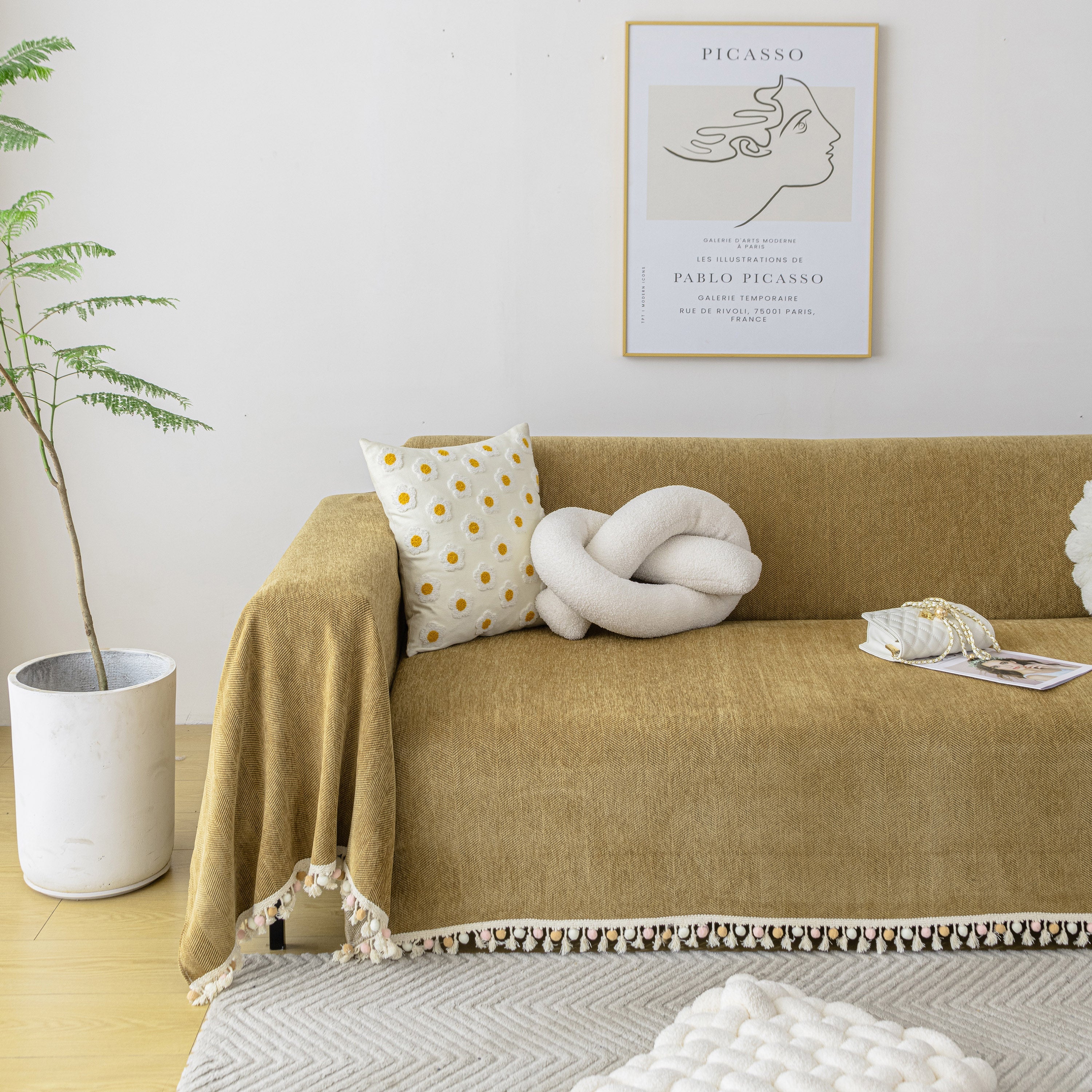 Boho Herringbone Sofa Throw Blanket with Pom Pom Tassels Stylish Furniture Slipcover - Image 120