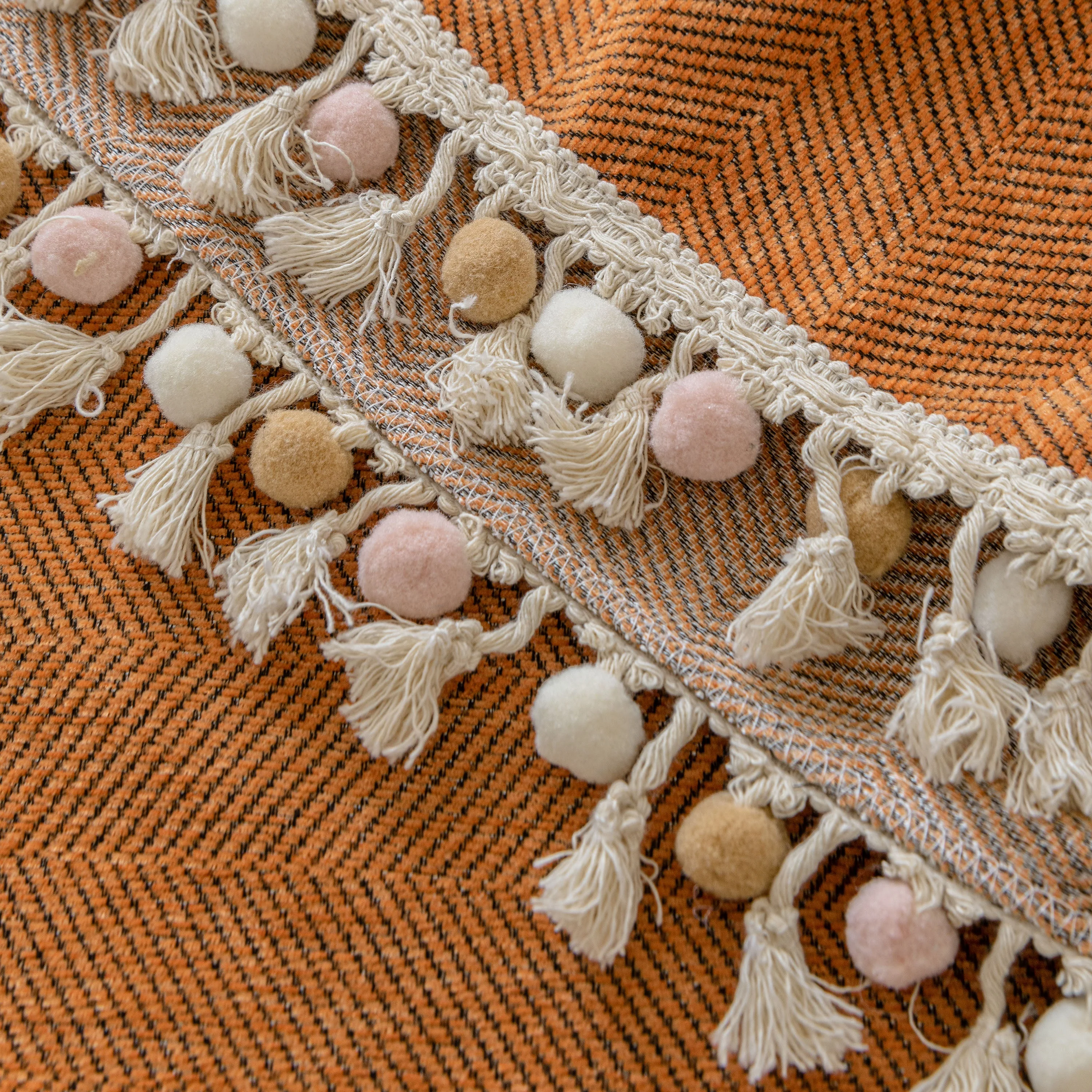 Boho Herringbone Sofa Throw Blanket with Pom Pom Tassels Stylish Furniture Slipcover - Image 13