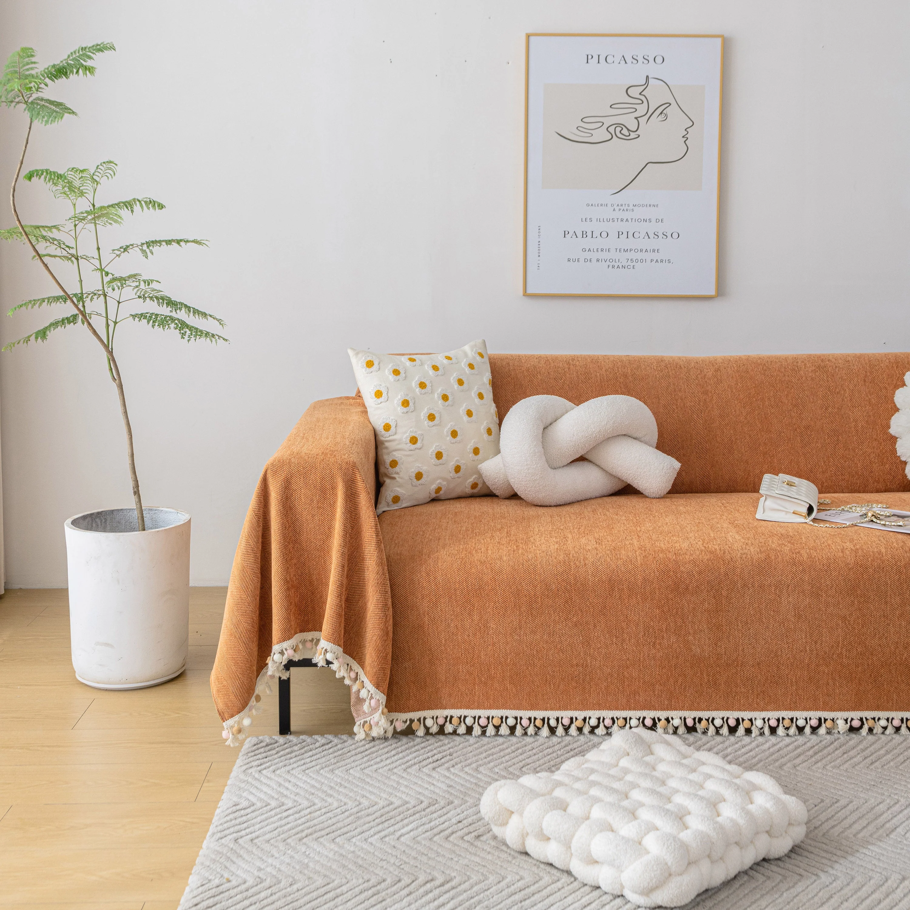 Boho Herringbone Sofa Throw Blanket with Pom Pom Tassels Stylish Furniture Slipcover - Image 19