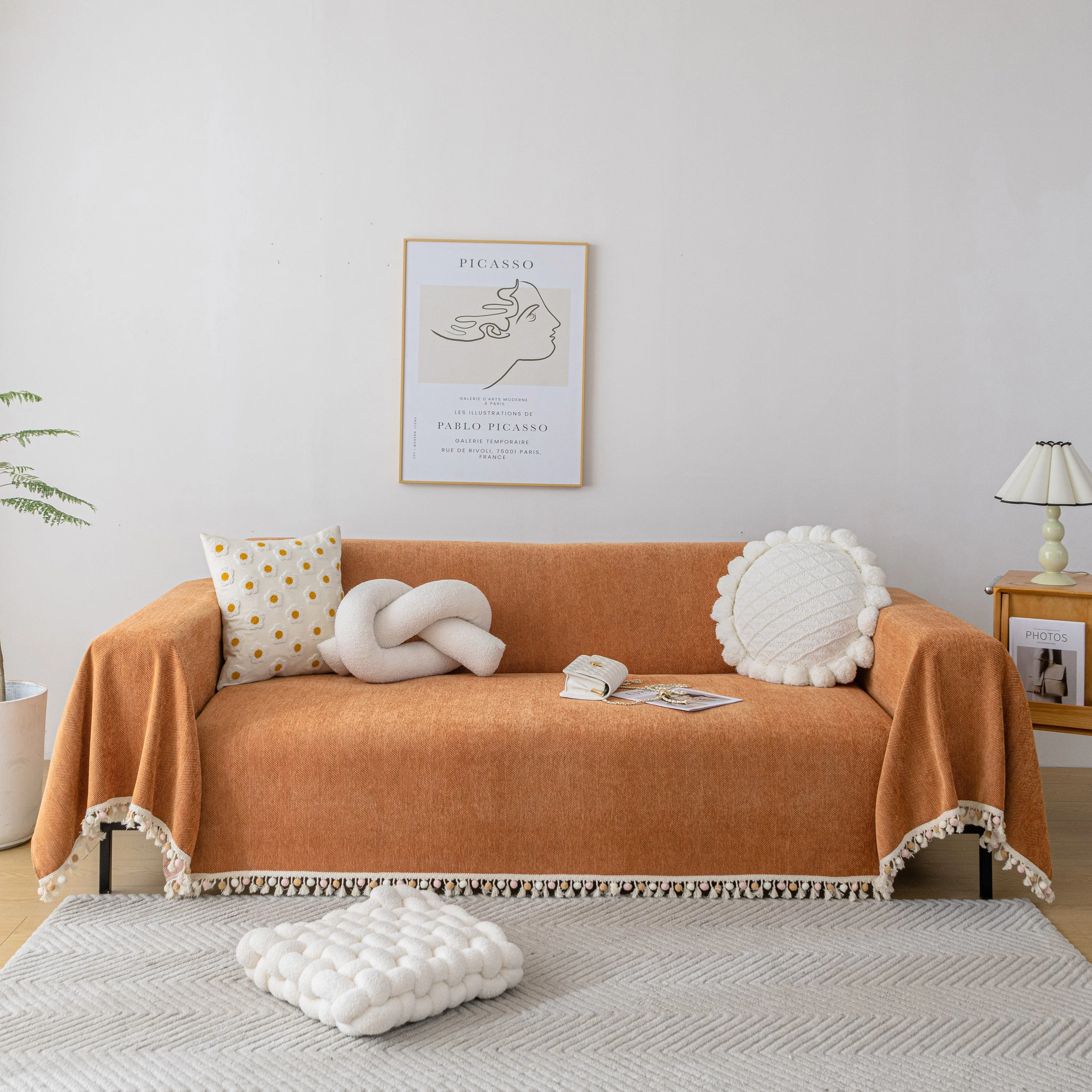 Boho Herringbone Sofa Throw Blanket with Pom Pom Tassels Stylish Furniture Slipcover - Image 2