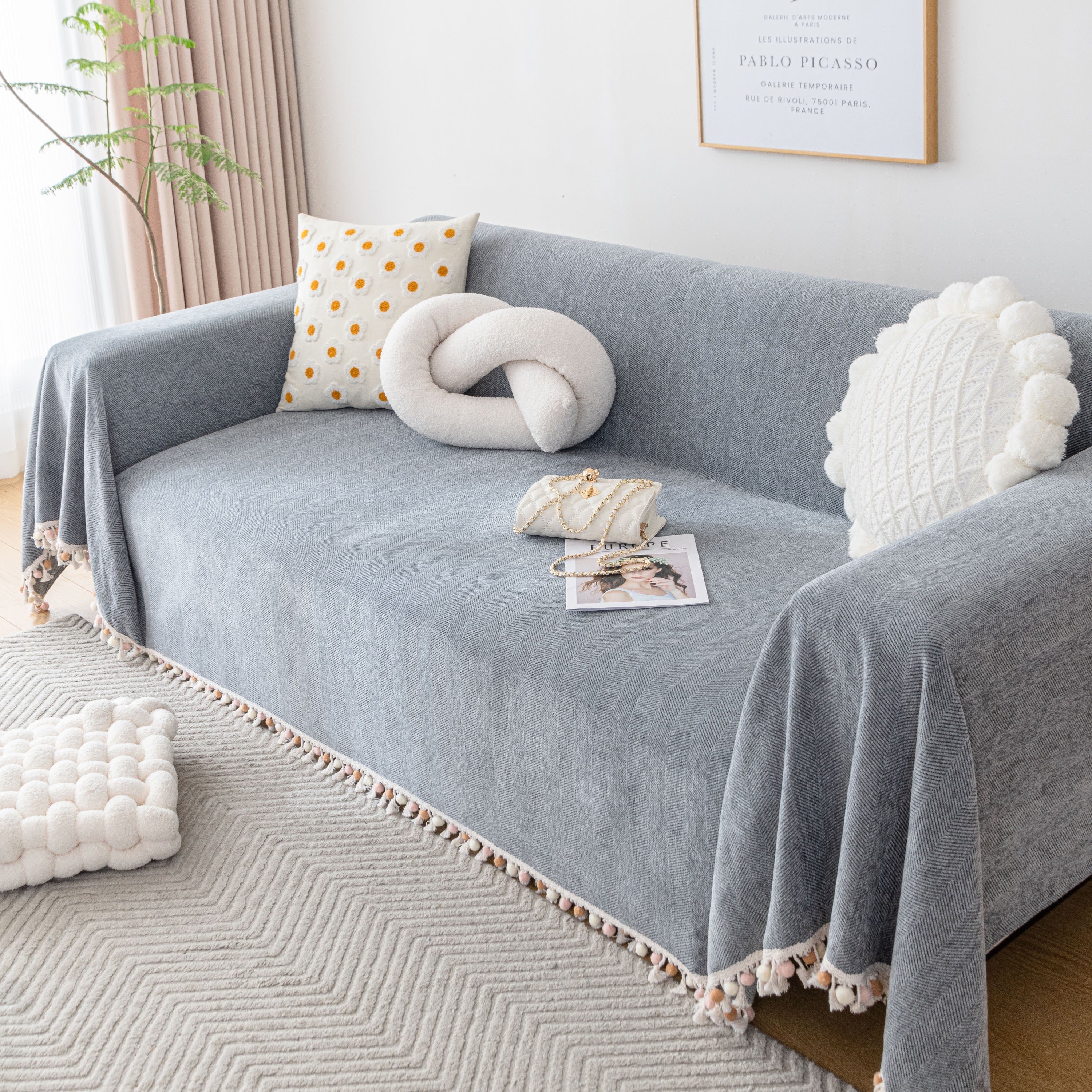 Boho Herringbone Sofa Throw Blanket with Pom Pom Tassels Stylish Furniture Slipcover - Image 20