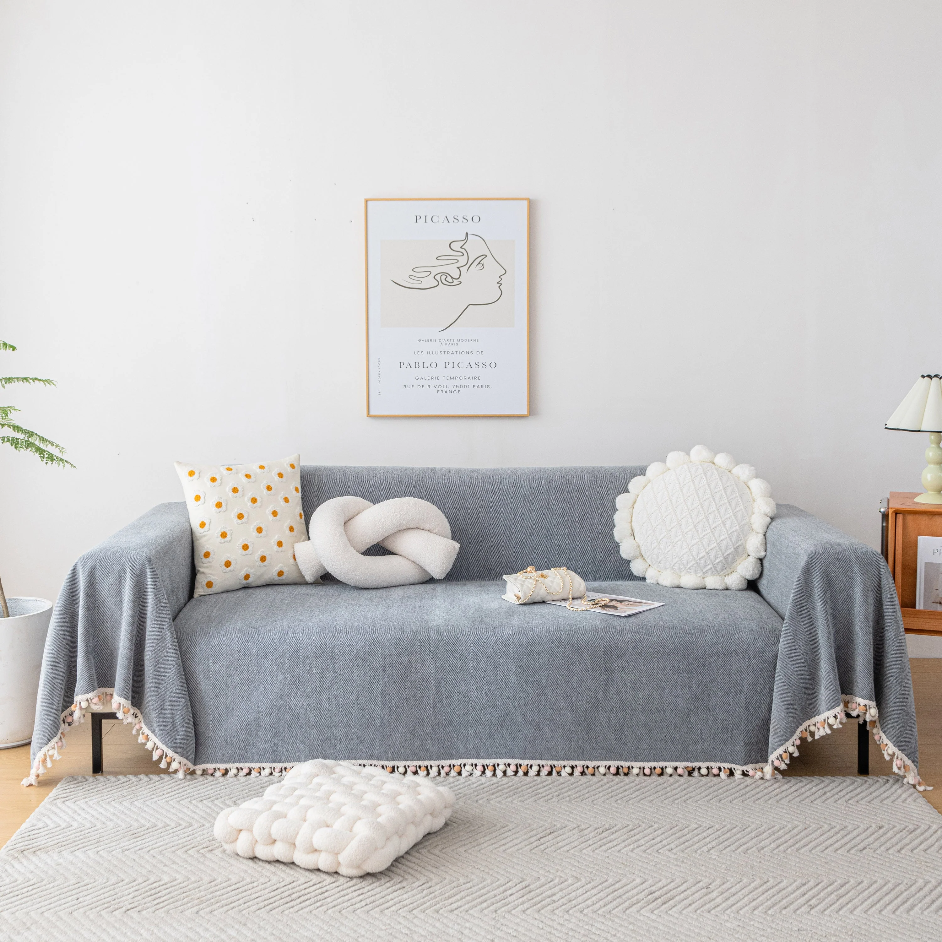 Boho Herringbone Sofa Throw Blanket with Pom Pom Tassels Stylish Furniture Slipcover - Image 21