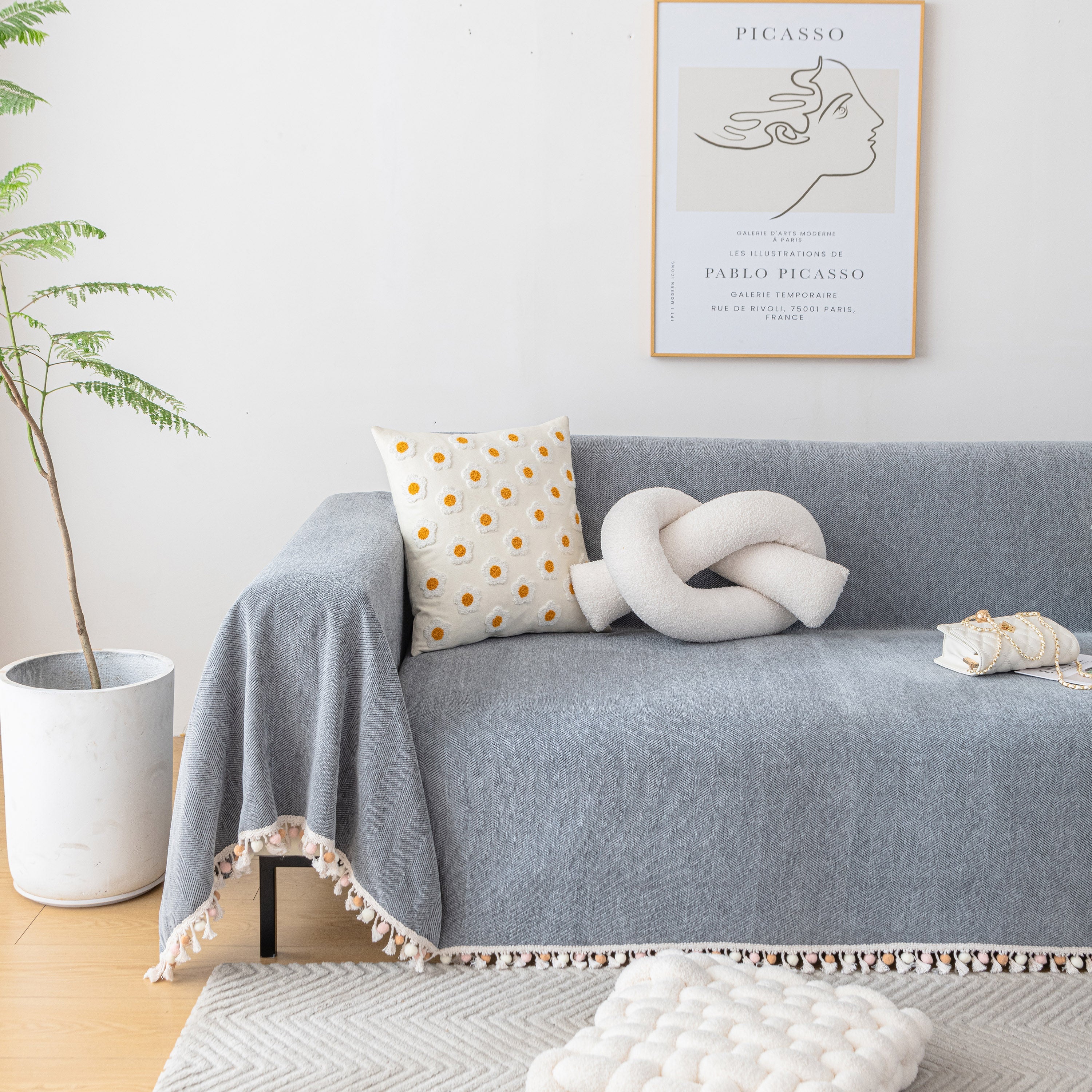 Boho Herringbone Sofa Throw Blanket with Pom Pom Tassels Stylish Furniture Slipcover - Image 22