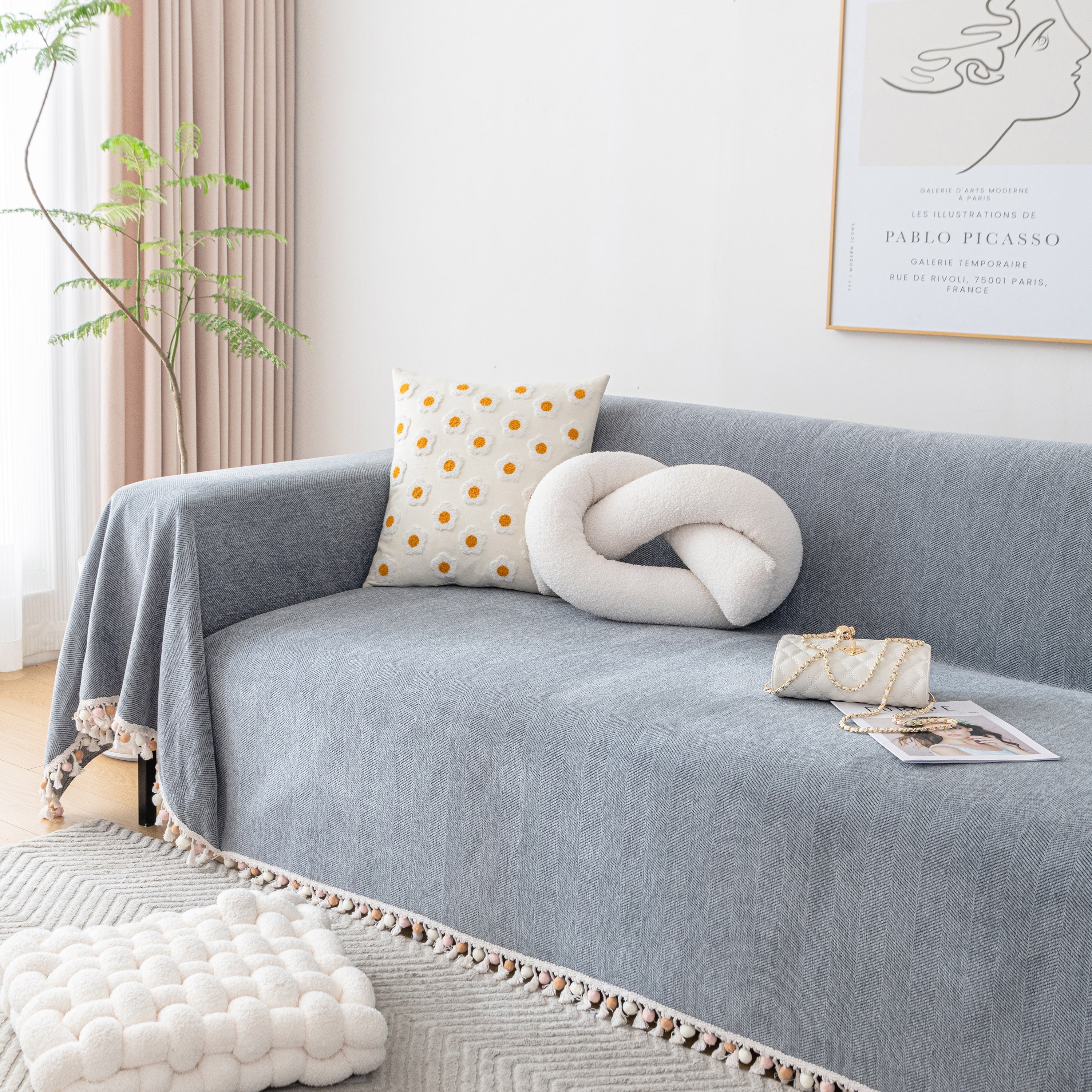 Boho Herringbone Sofa Throw Blanket with Pom Pom Tassels Stylish Furniture Slipcover - Image 23