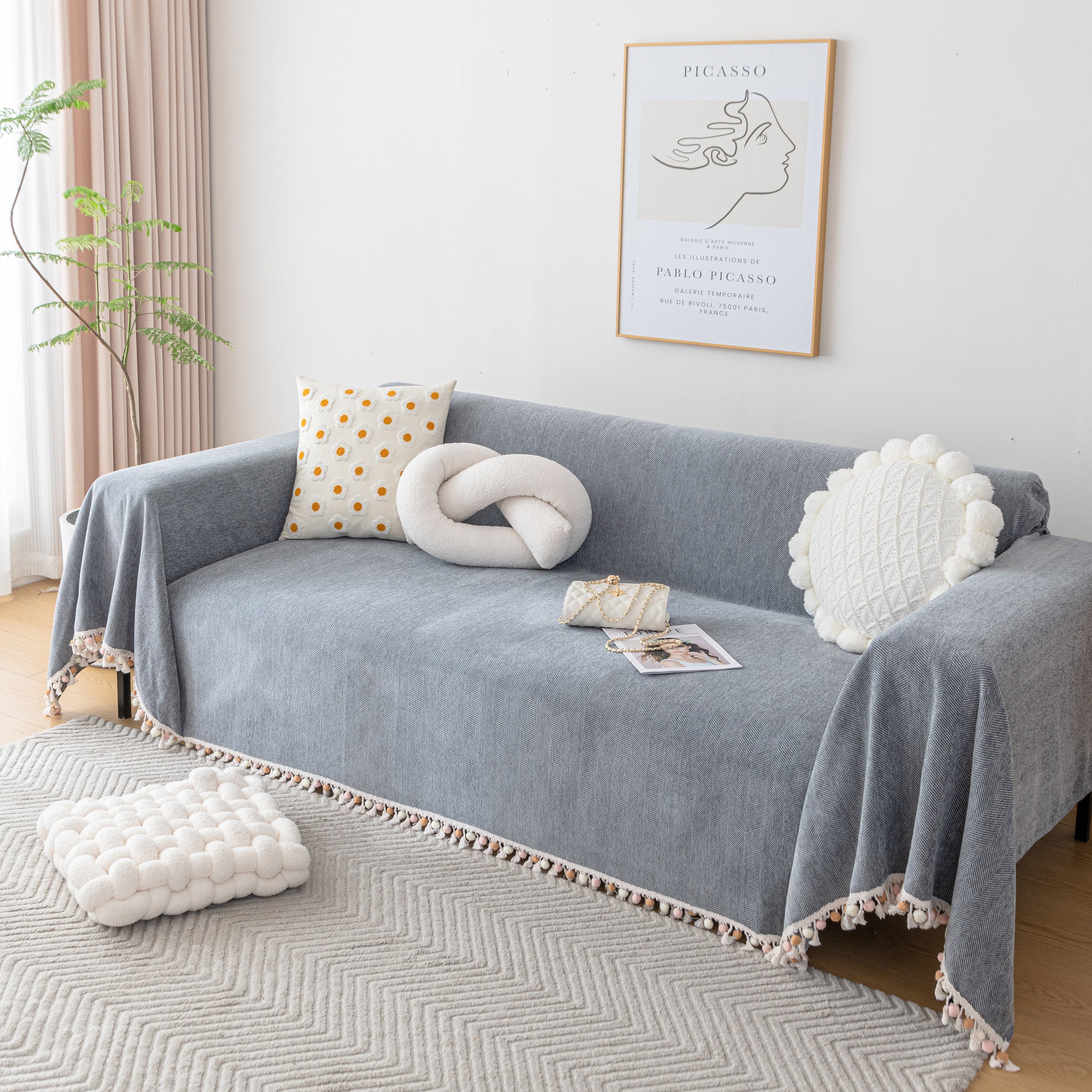Boho Herringbone Sofa Throw Blanket with Pom Pom Tassels Stylish Furniture Slipcover - Image 25