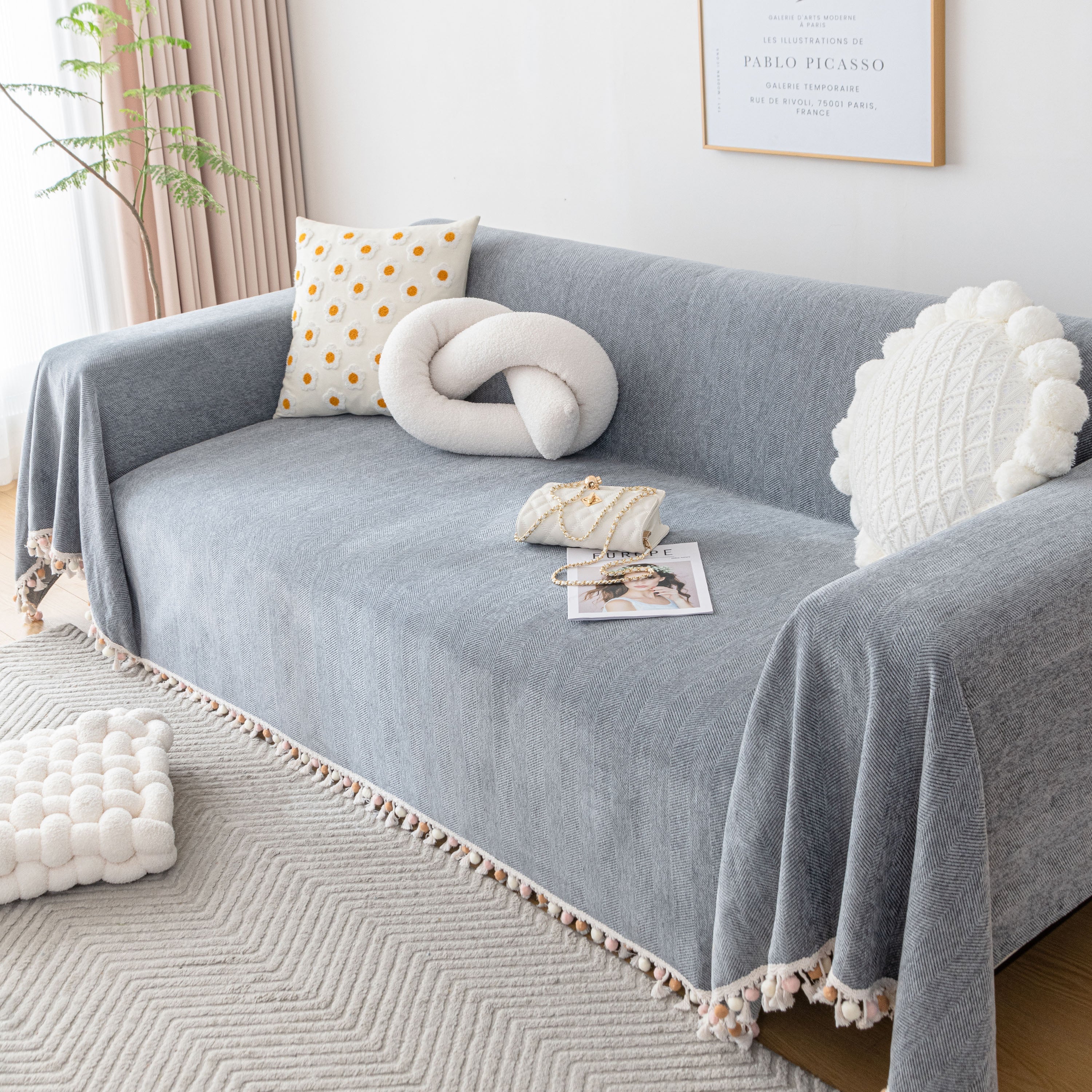 Boho Herringbone Sofa Throw Blanket with Pom Pom Tassels Stylish Furniture Slipcover - Image 26