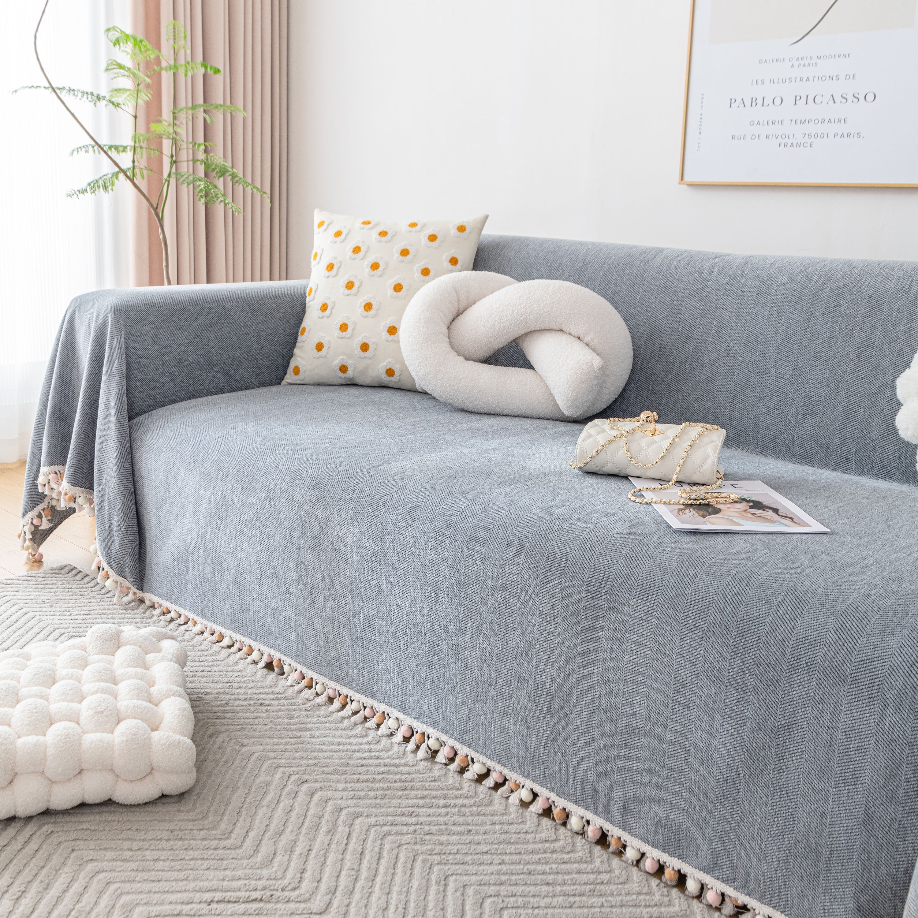 Boho Herringbone Sofa Throw Blanket with Pom Pom Tassels Stylish Furniture Slipcover - Image 27