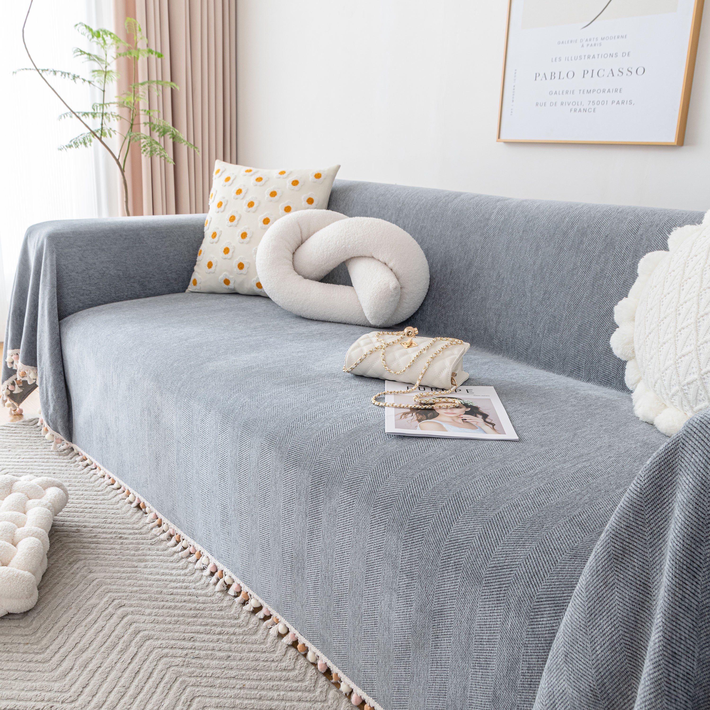Boho Herringbone Sofa Throw Blanket with Pom Pom Tassels Stylish Furniture Slipcover - Image 28
