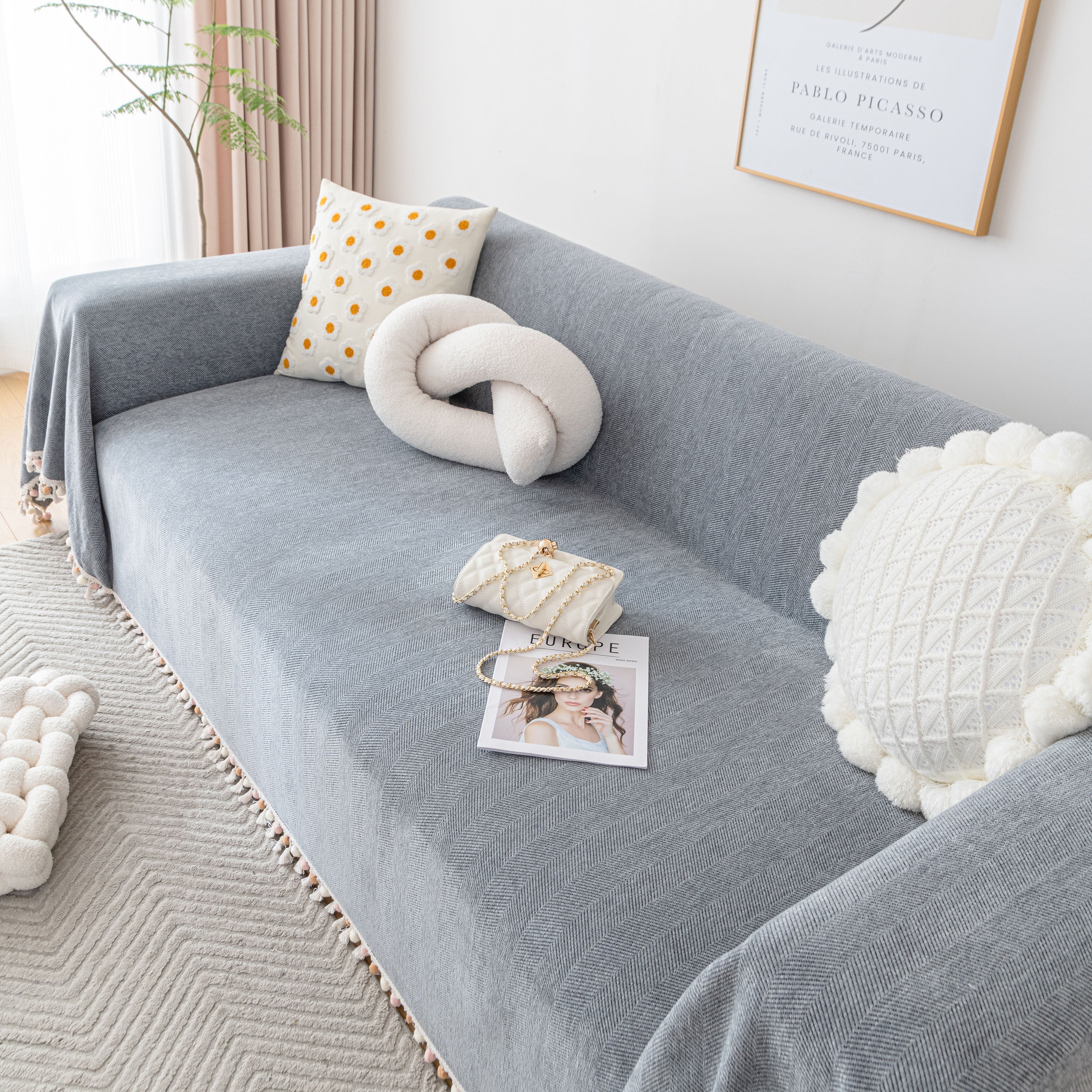 Boho Herringbone Sofa Throw Blanket with Pom Pom Tassels Stylish Furniture Slipcover - Image 29