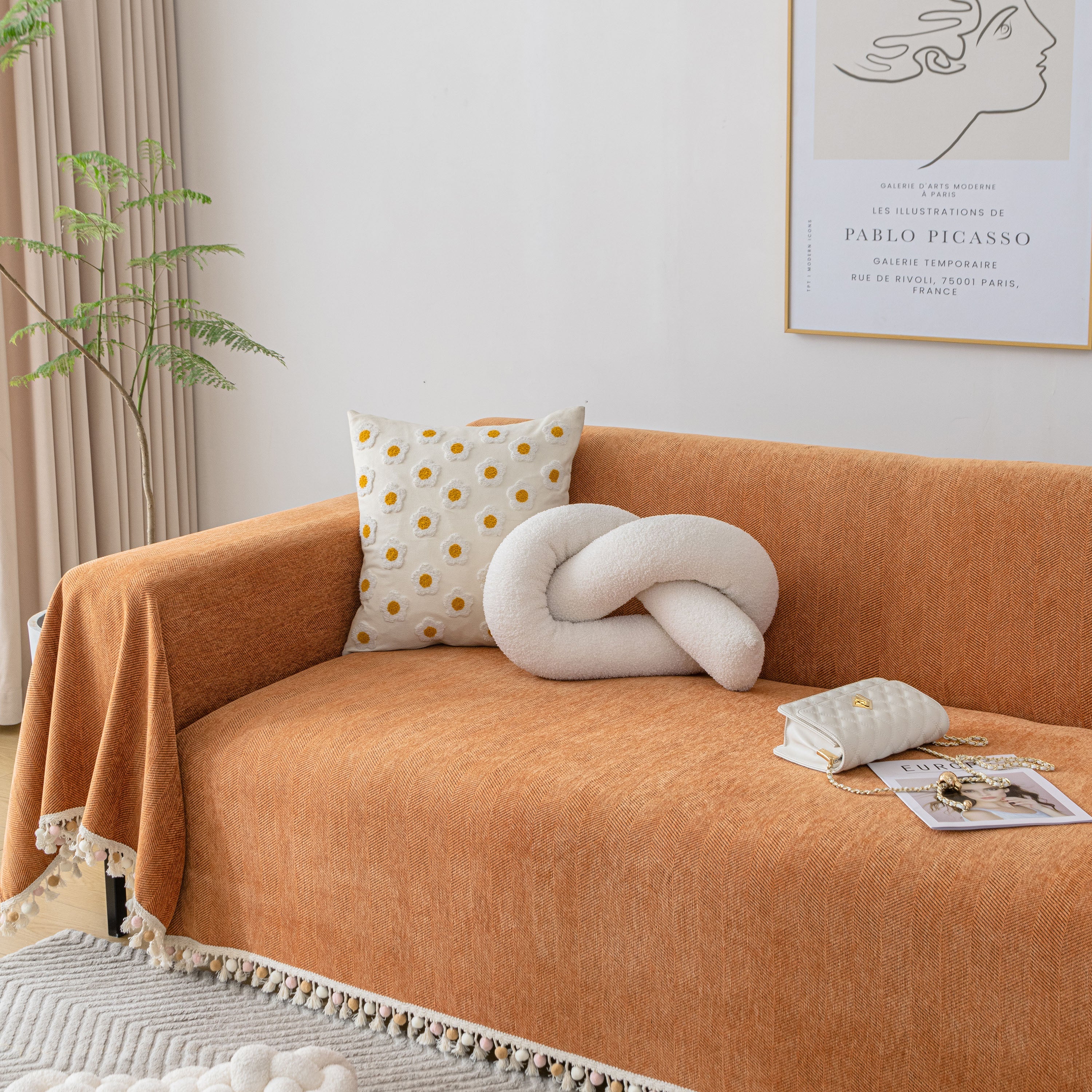Boho Herringbone Sofa Throw Blanket with Pom Pom Tassels Stylish Furniture Slipcover - Image 3