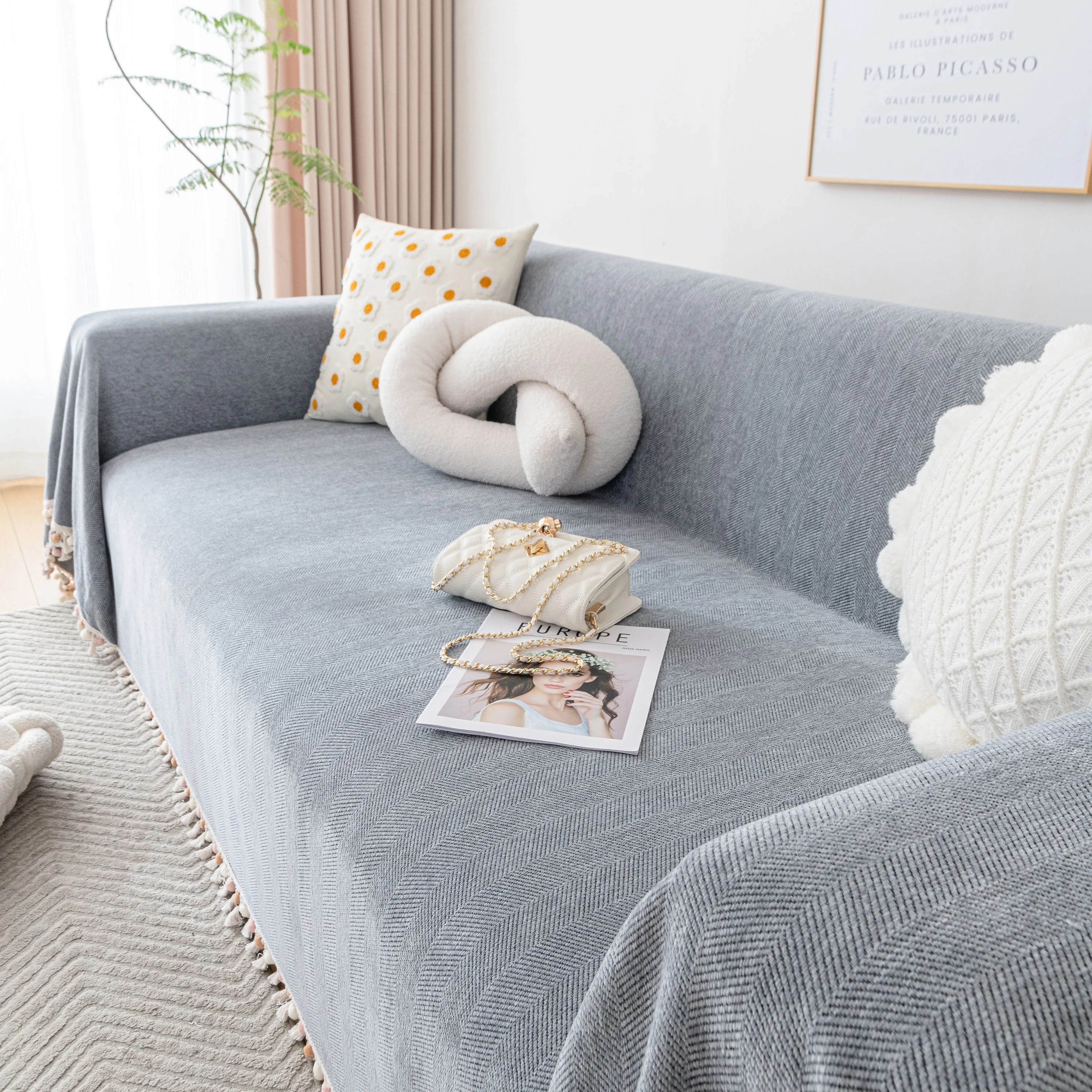 Boho Herringbone Sofa Throw Blanket with Pom Pom Tassels Stylish Furniture Slipcover - Image 30