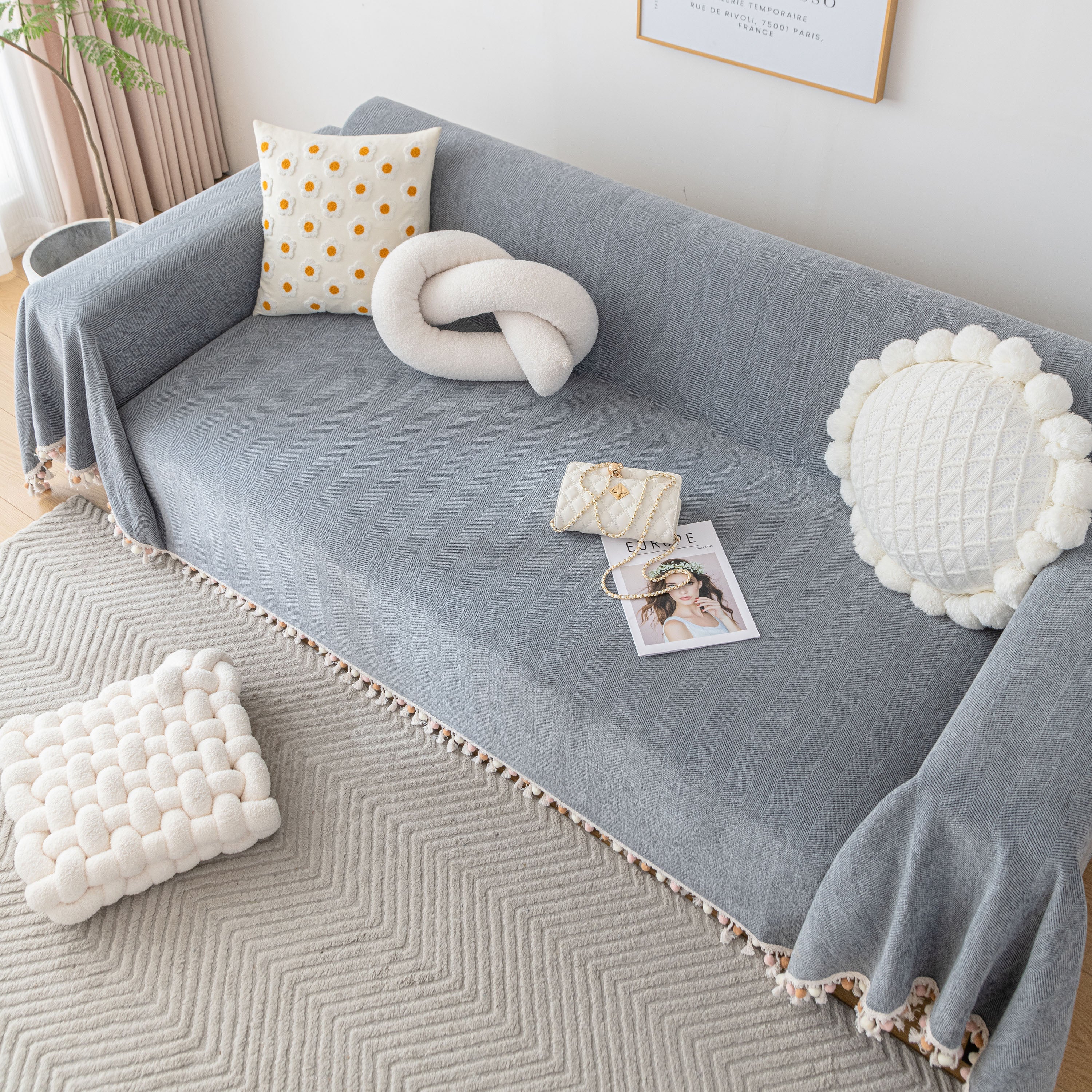 Boho Herringbone Sofa Throw Blanket with Pom Pom Tassels Stylish Furniture Slipcover - Image 31