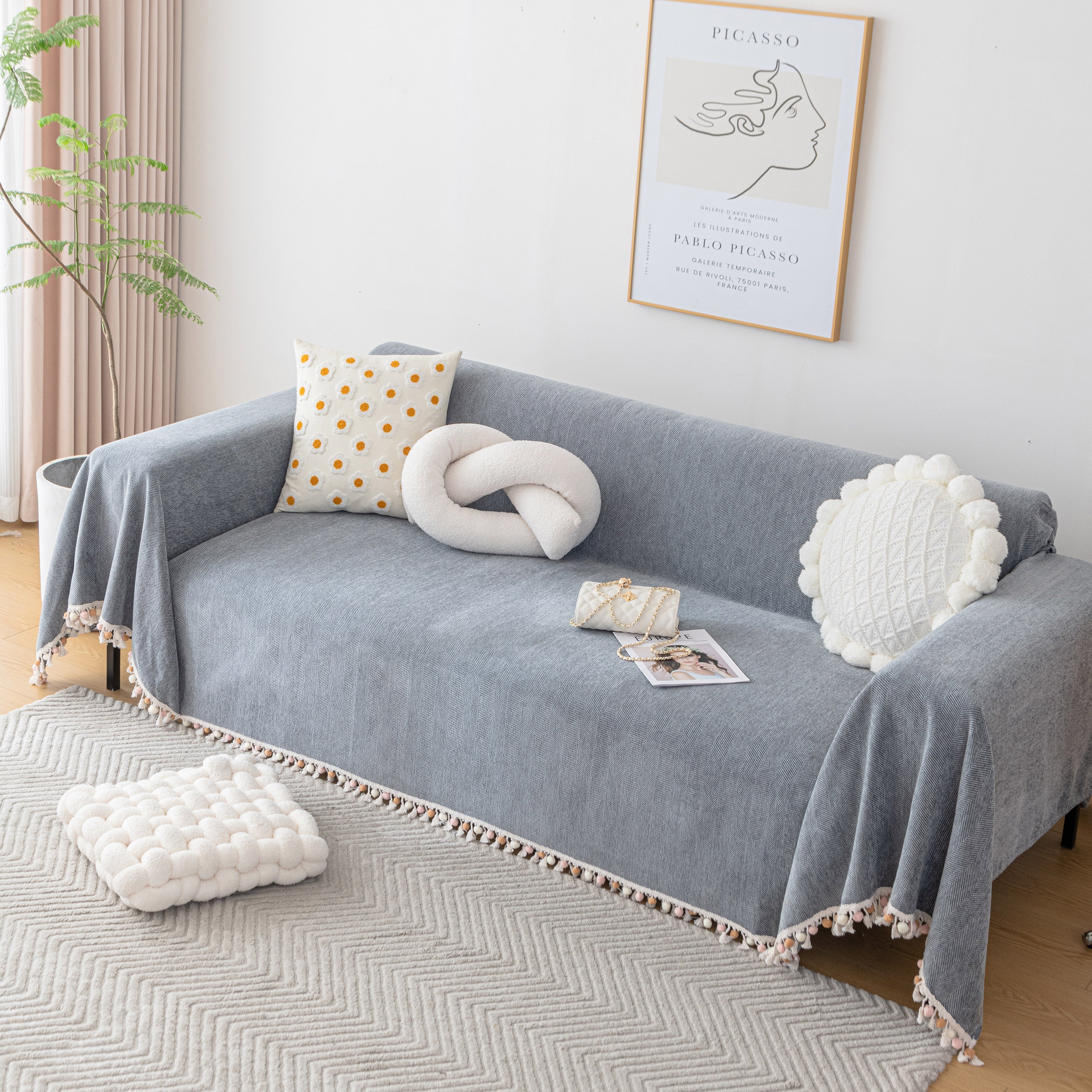 Boho Herringbone Sofa Throw Blanket with Pom Pom Tassels Stylish Furniture Slipcover - Image 32