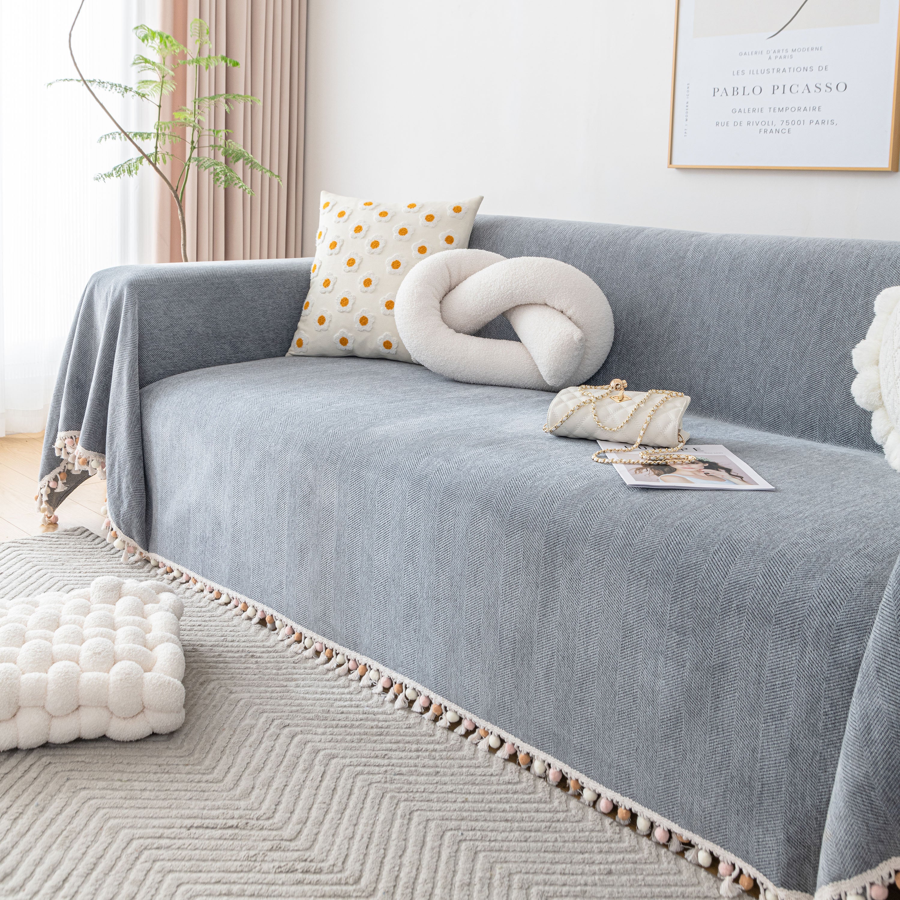 Boho Herringbone Sofa Throw Blanket with Pom Pom Tassels Stylish Furniture Slipcover - Image 33