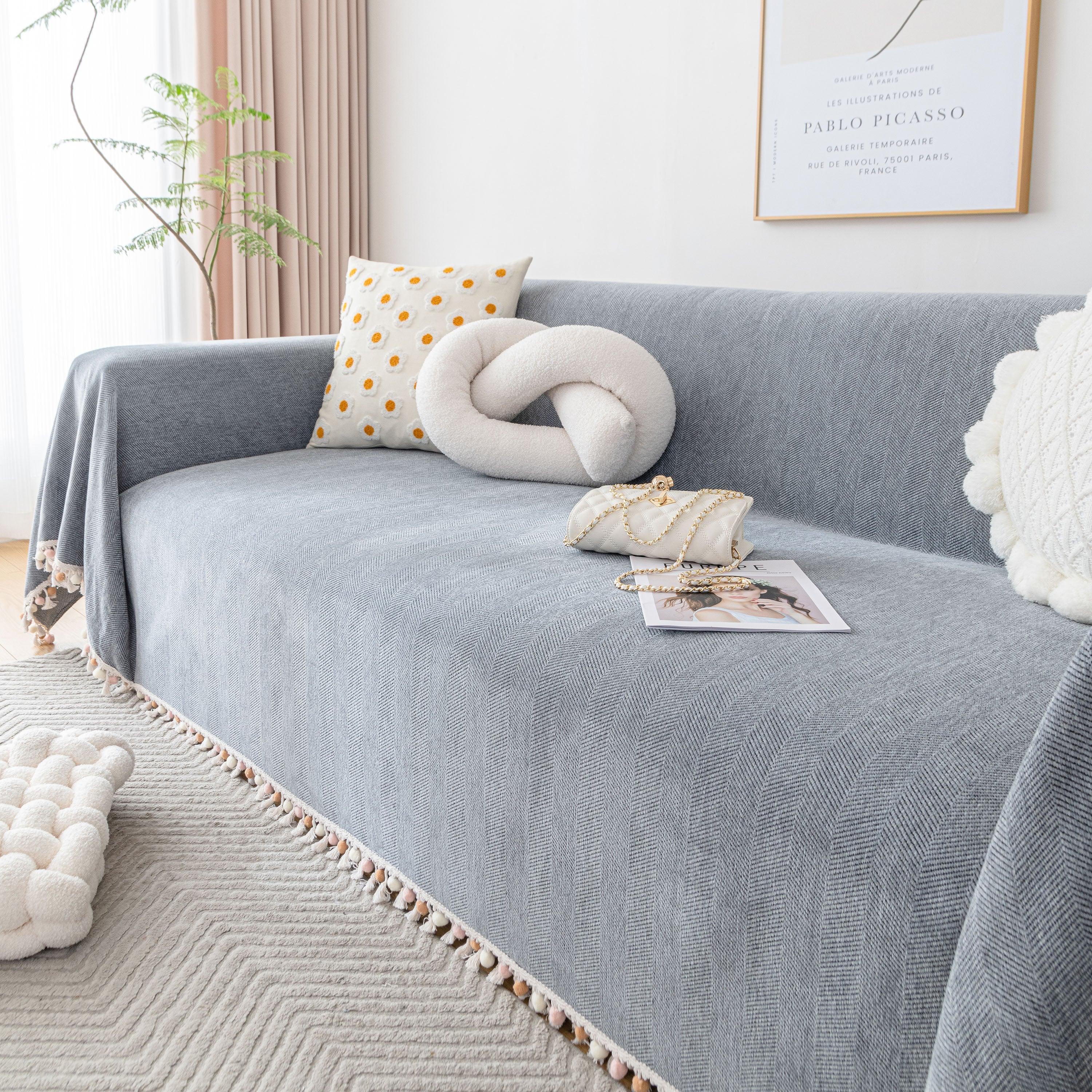 Boho Herringbone Sofa Throw Blanket with Pom Pom Tassels Stylish Furniture Slipcover - Image 34
