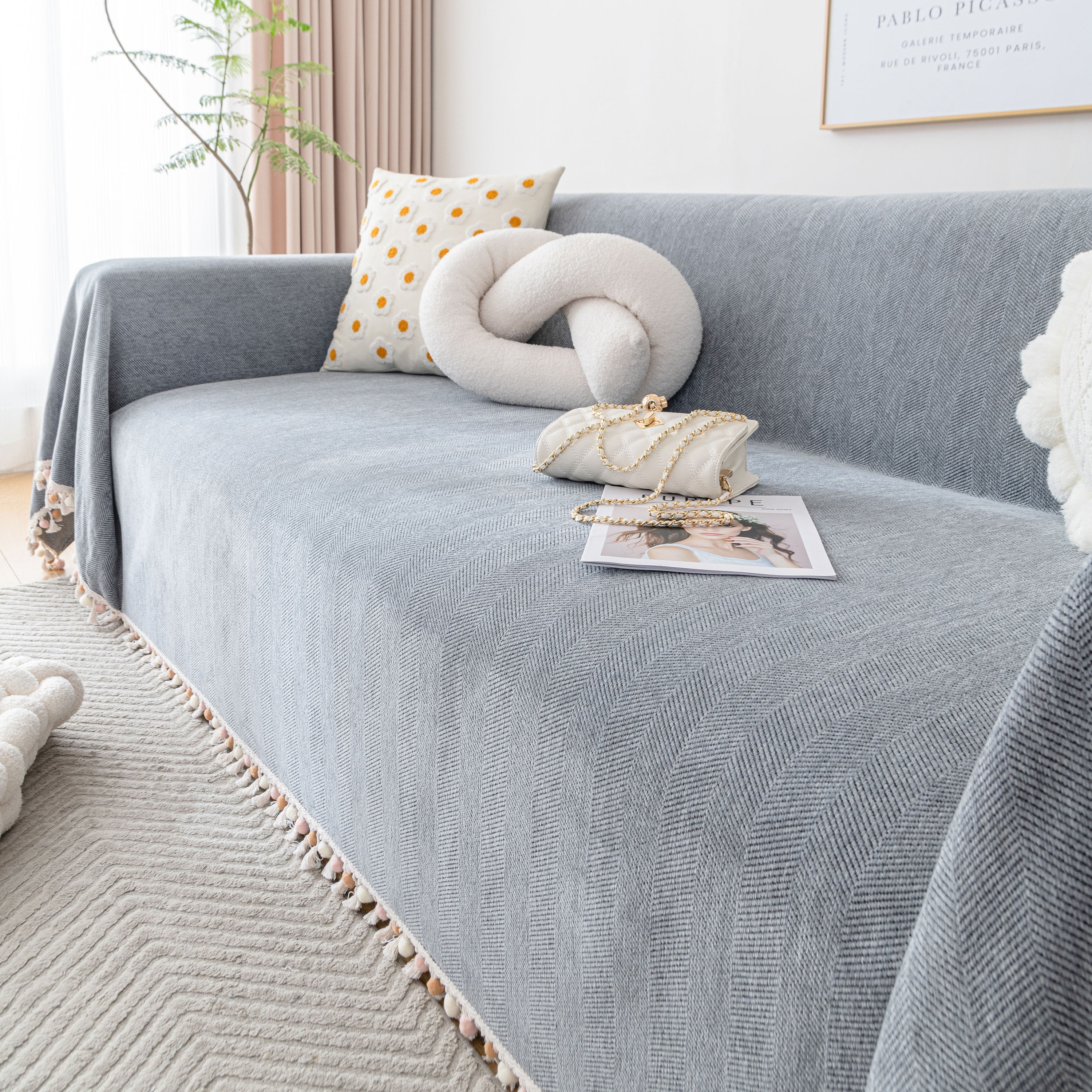 Boho Herringbone Sofa Throw Blanket with Pom Pom Tassels Stylish Furniture Slipcover - Image 35