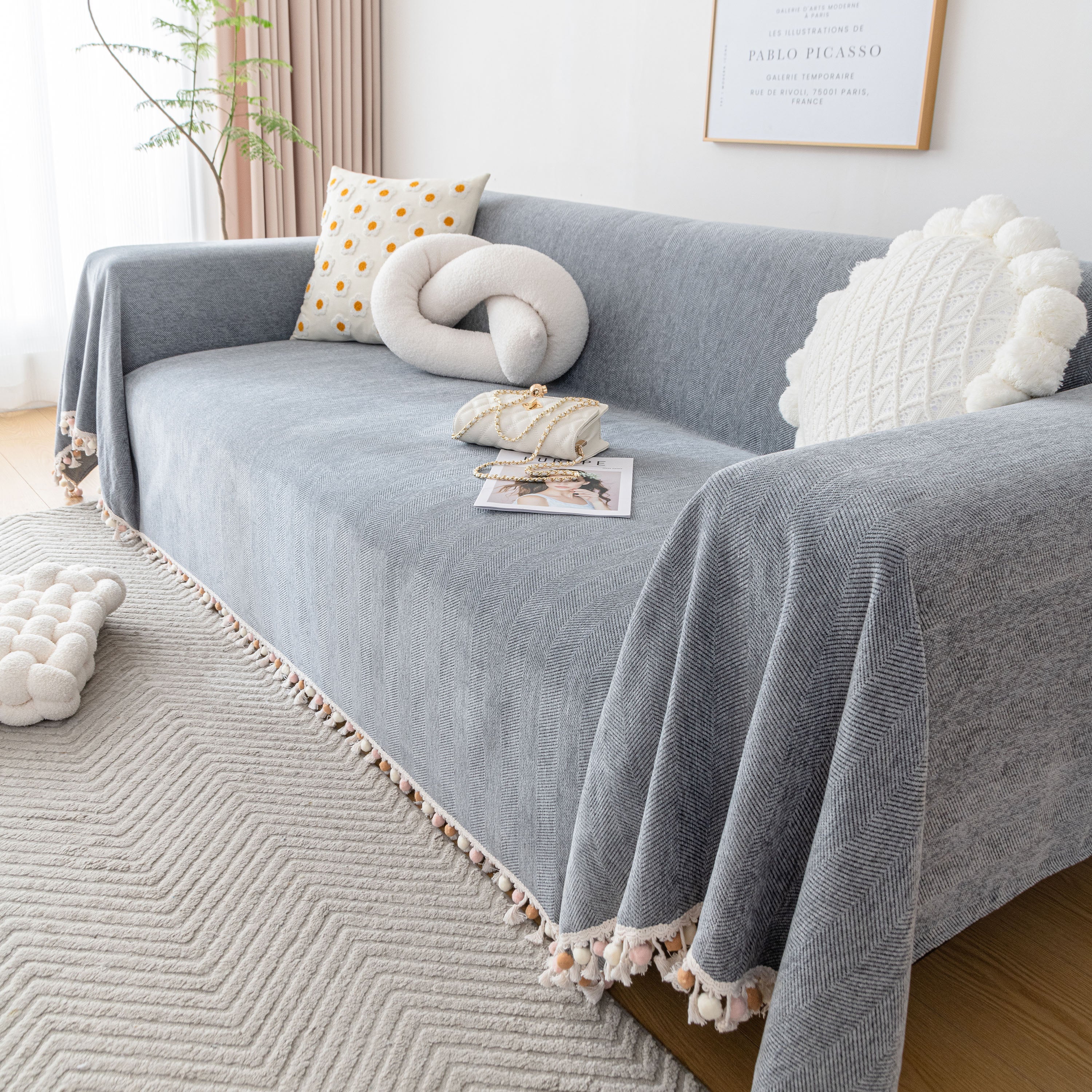 Boho Herringbone Sofa Throw Blanket with Pom Pom Tassels Stylish Furniture Slipcover - Image 36