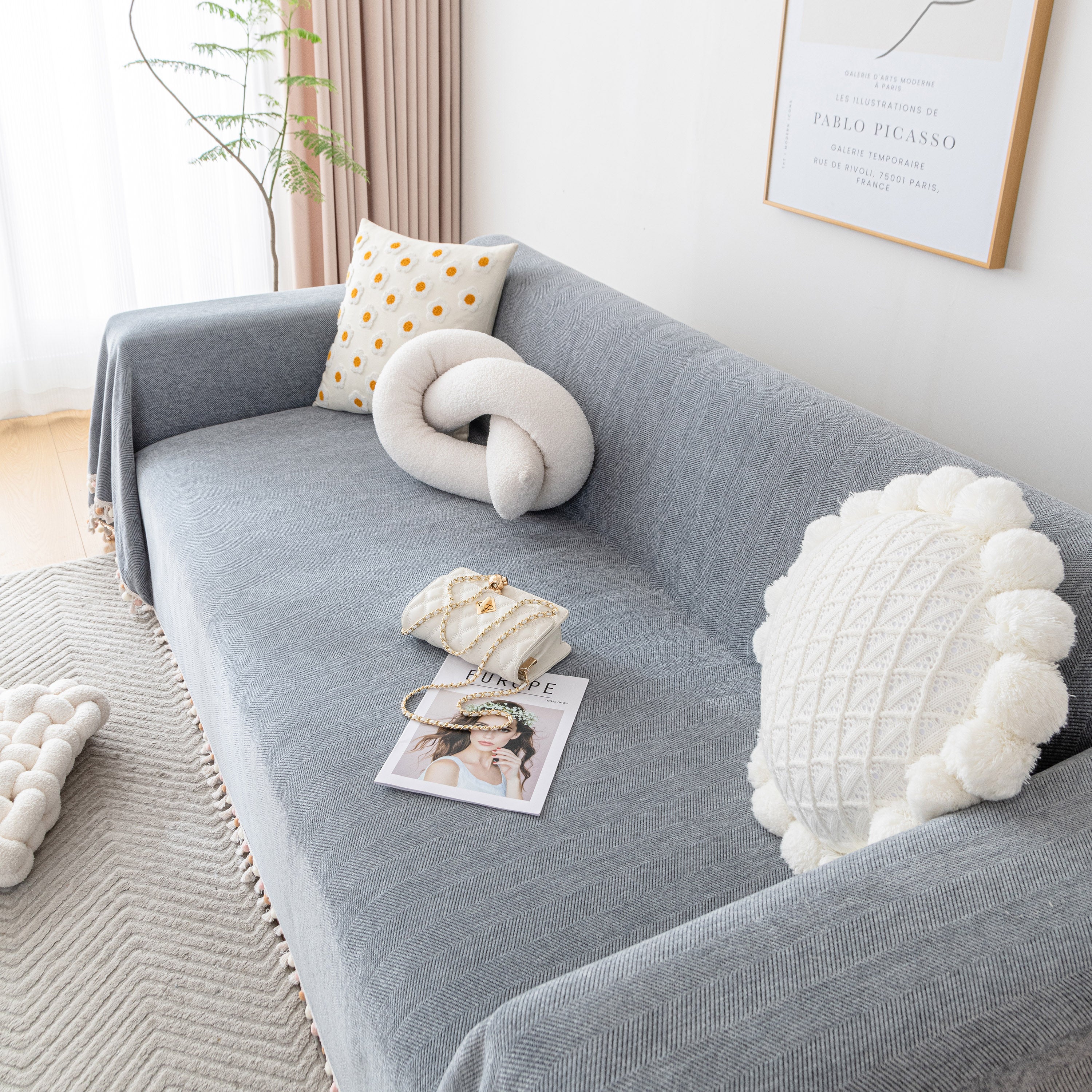 Boho Herringbone Sofa Throw Blanket with Pom Pom Tassels Stylish Furniture Slipcover - Image 37