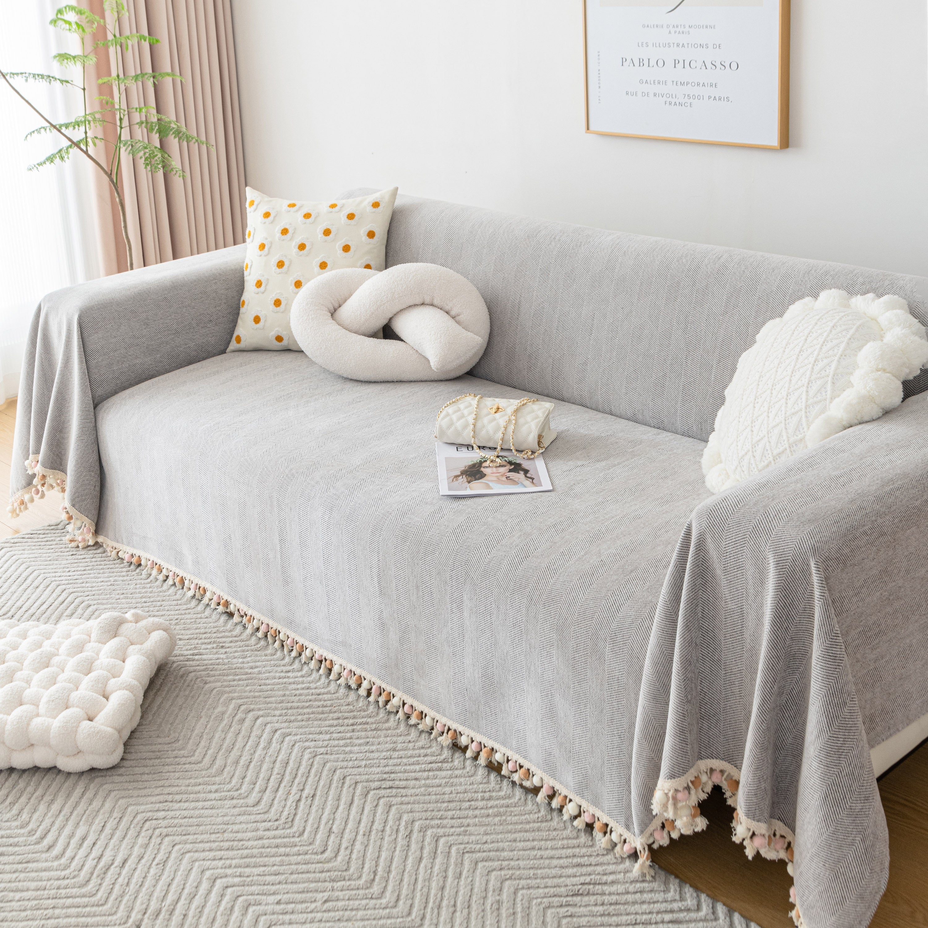 Boho Herringbone Sofa Throw Blanket with Pom Pom Tassels Stylish Furniture Slipcover - Image 38