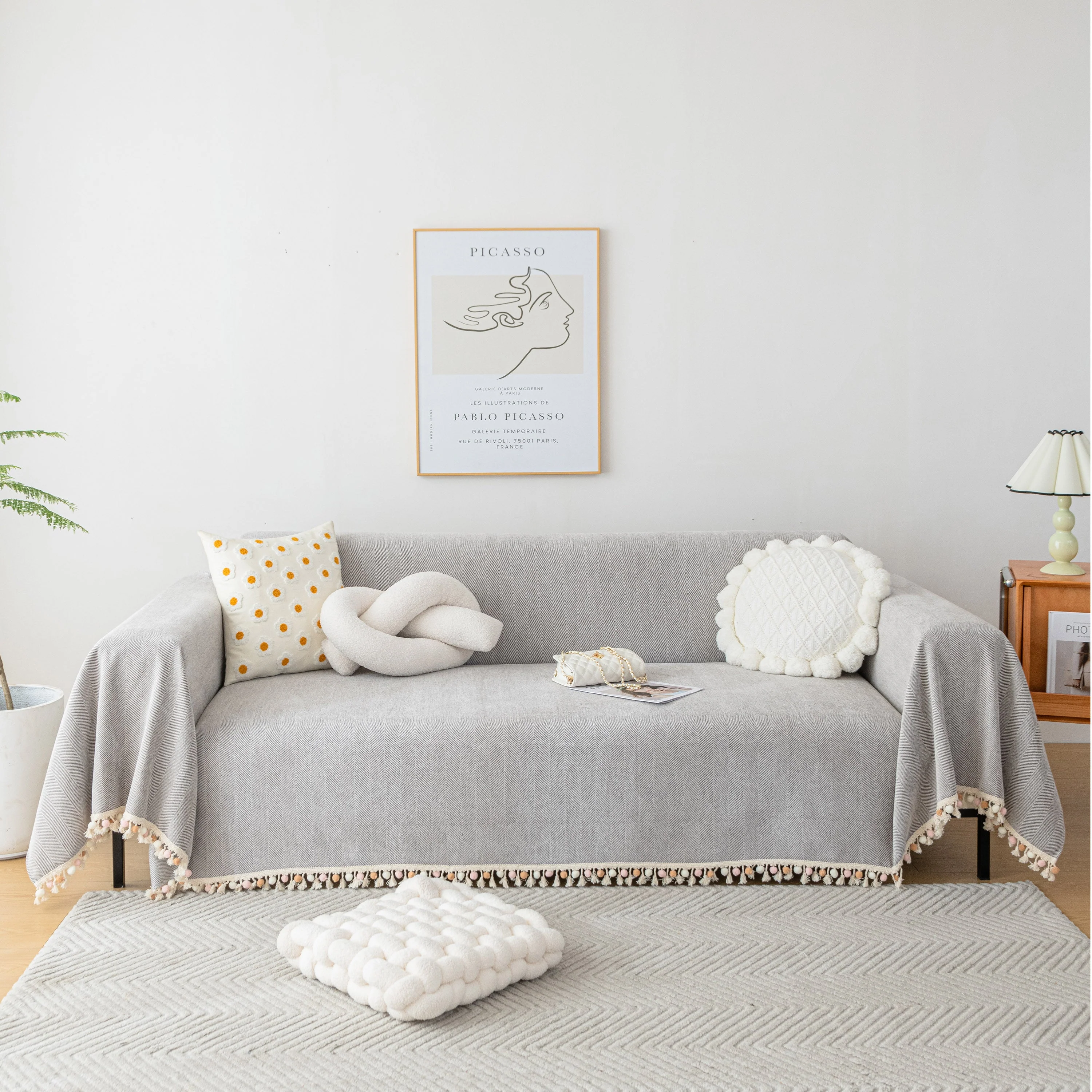 Boho Herringbone Sofa Throw Blanket with Pom Pom Tassels Stylish Furniture Slipcover - Image 39