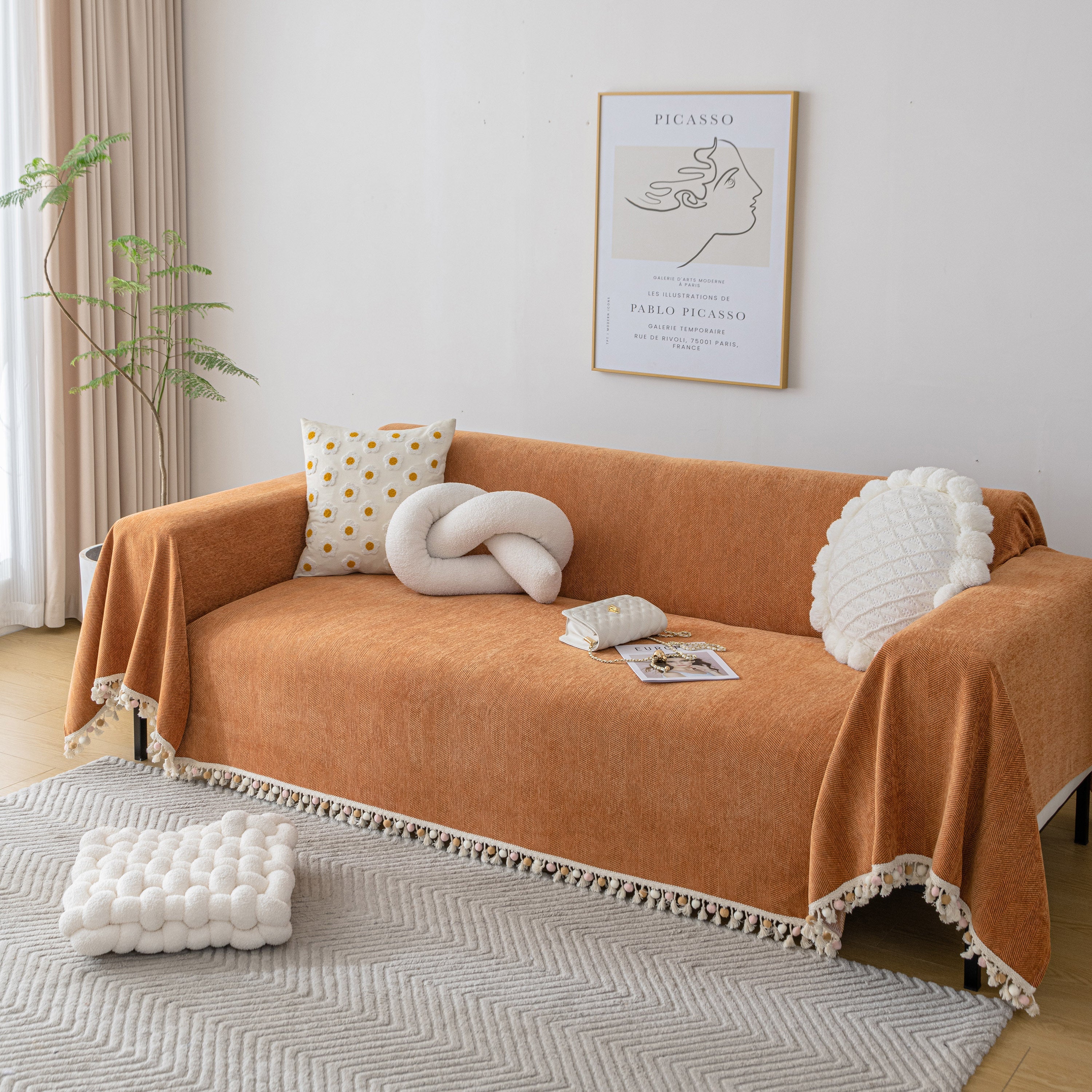 Boho Herringbone Sofa Throw Blanket with Pom Pom Tassels Stylish Furniture Slipcover - Image 4