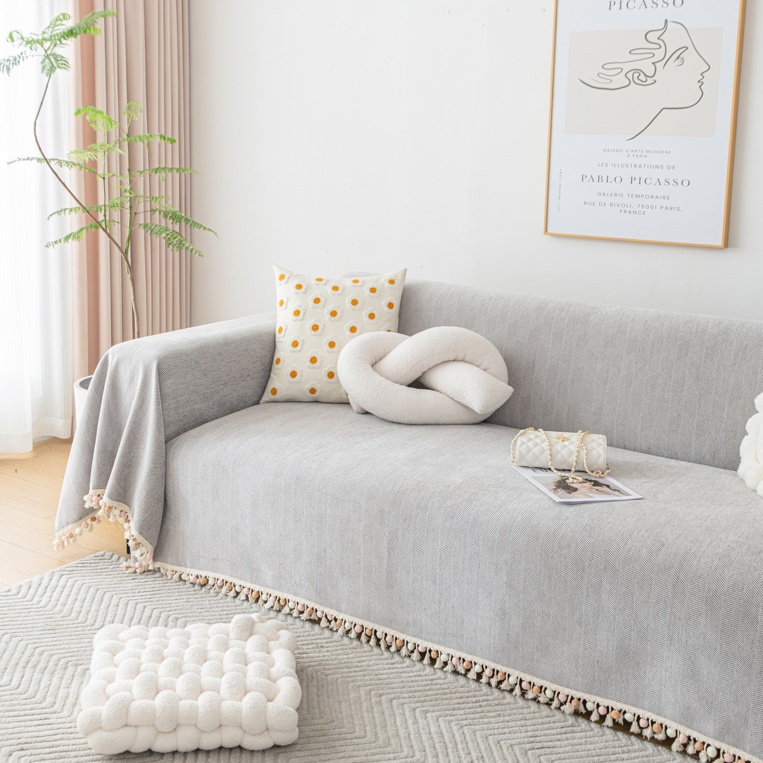 Boho Herringbone Sofa Throw Blanket with Pom Pom Tassels Stylish Furniture Slipcover - Image 40