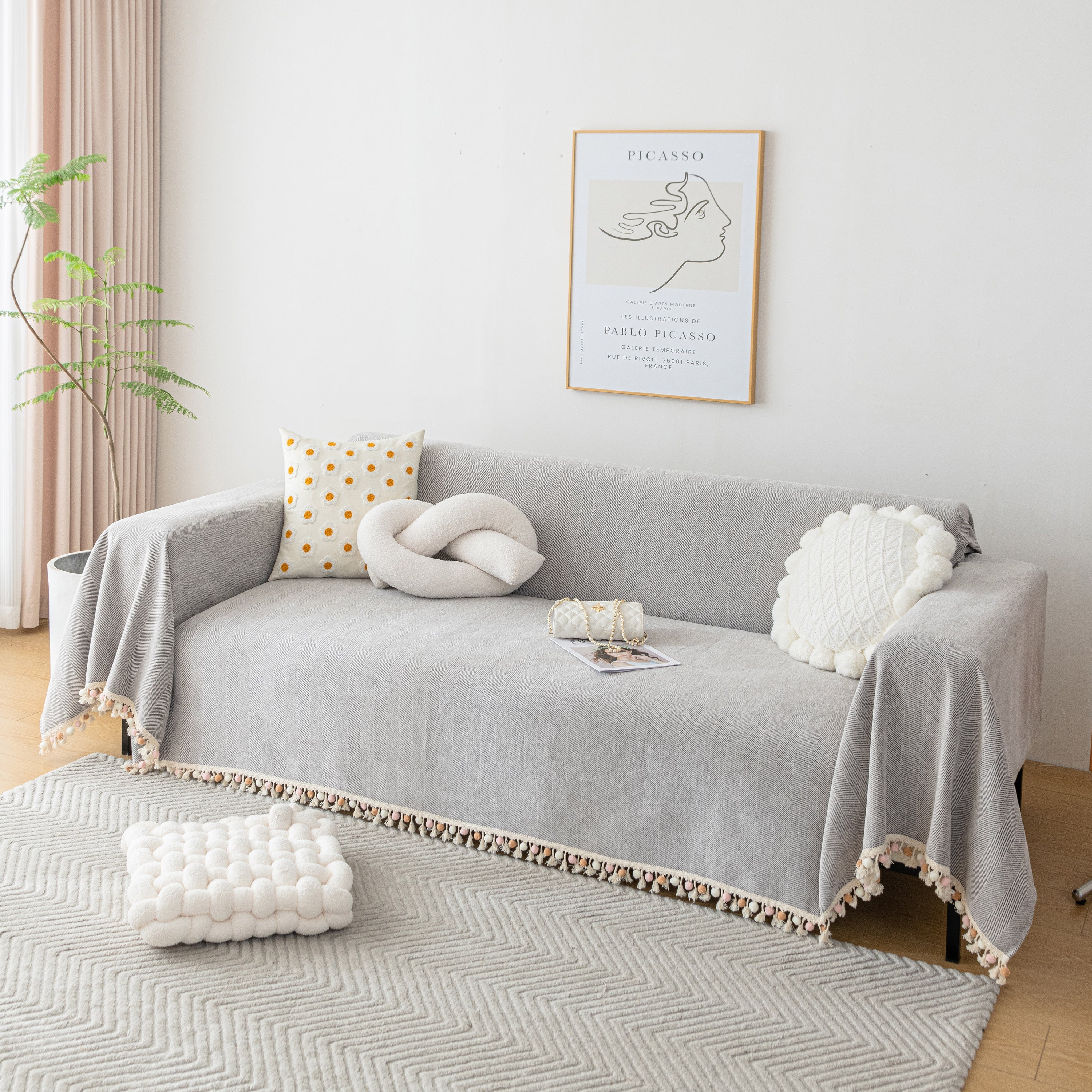 Boho Herringbone Sofa Throw Blanket with Pom Pom Tassels Stylish Furniture Slipcover - Image 41