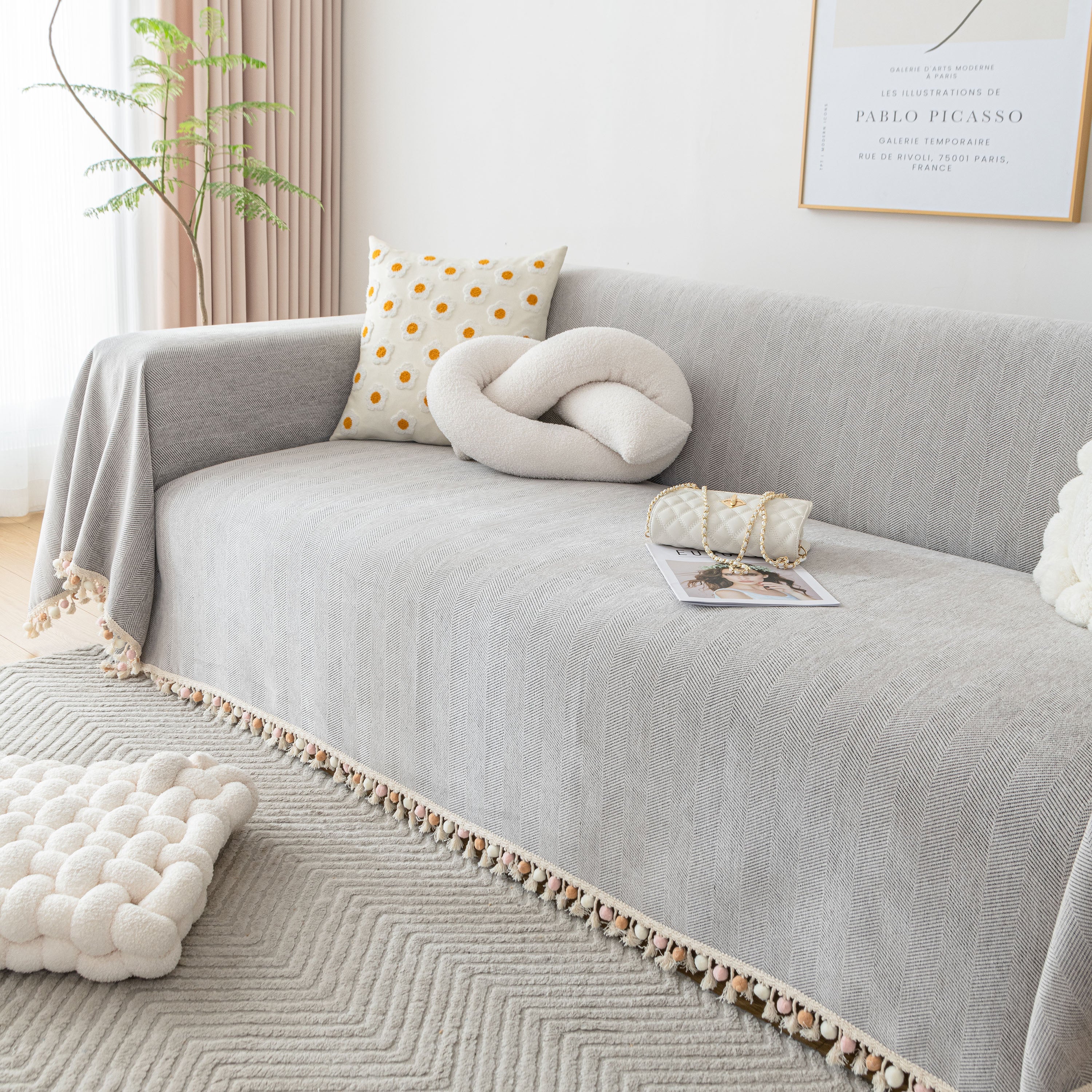 Boho Herringbone Sofa Throw Blanket with Pom Pom Tassels Stylish Furniture Slipcover - Image 42
