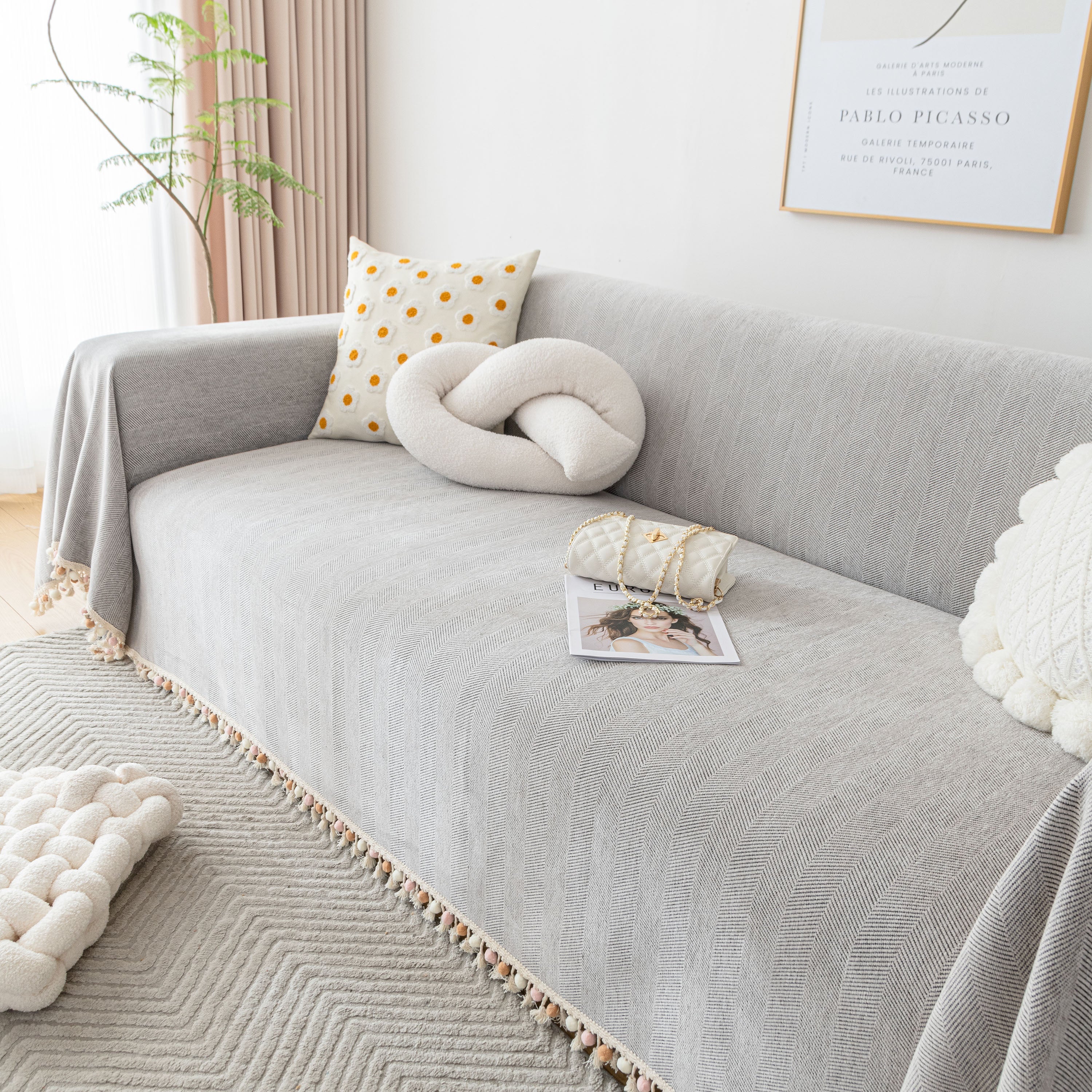 Boho Herringbone Sofa Throw Blanket with Pom Pom Tassels Stylish Furniture Slipcover - Image 43