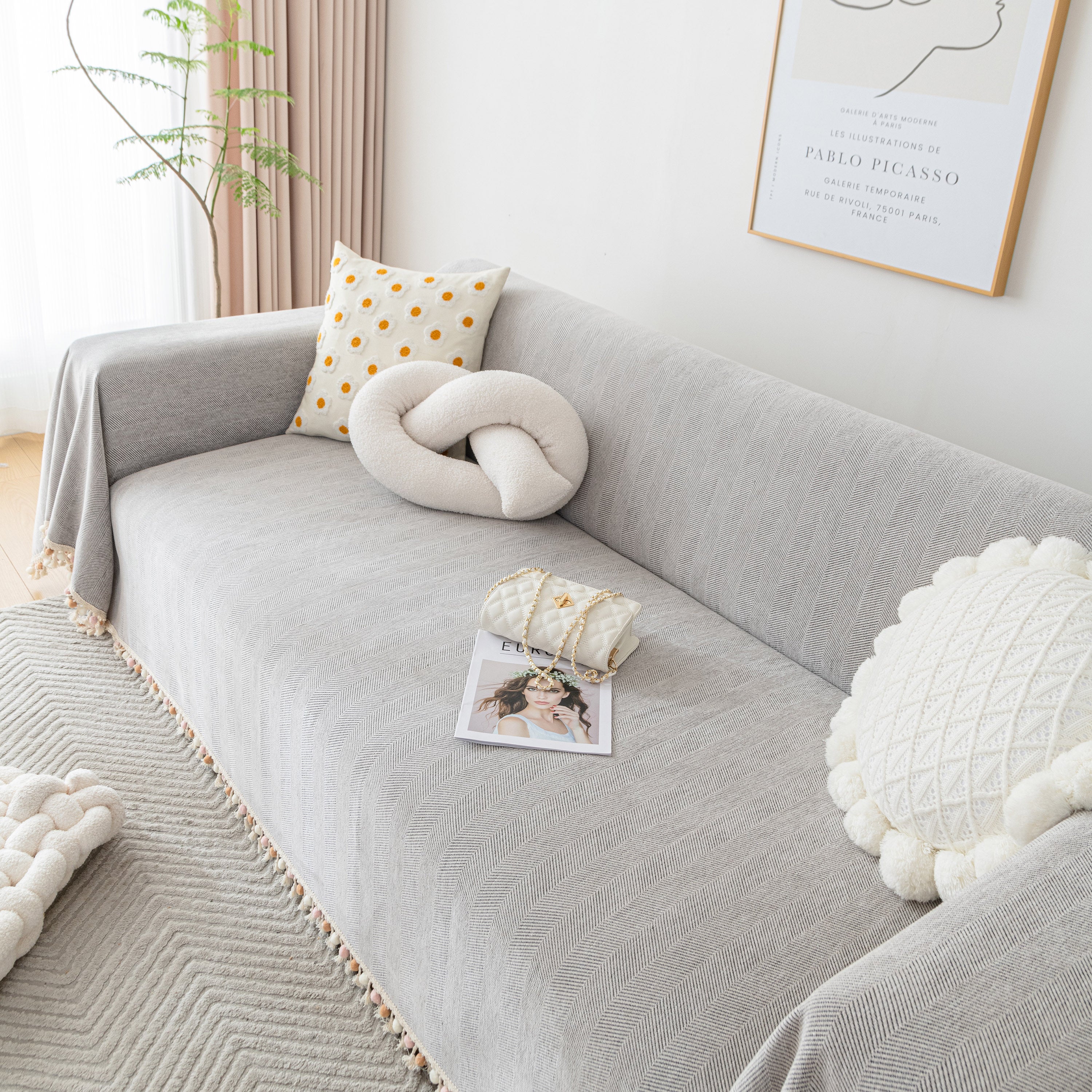Boho Herringbone Sofa Throw Blanket with Pom Pom Tassels Stylish Furniture Slipcover - Image 44