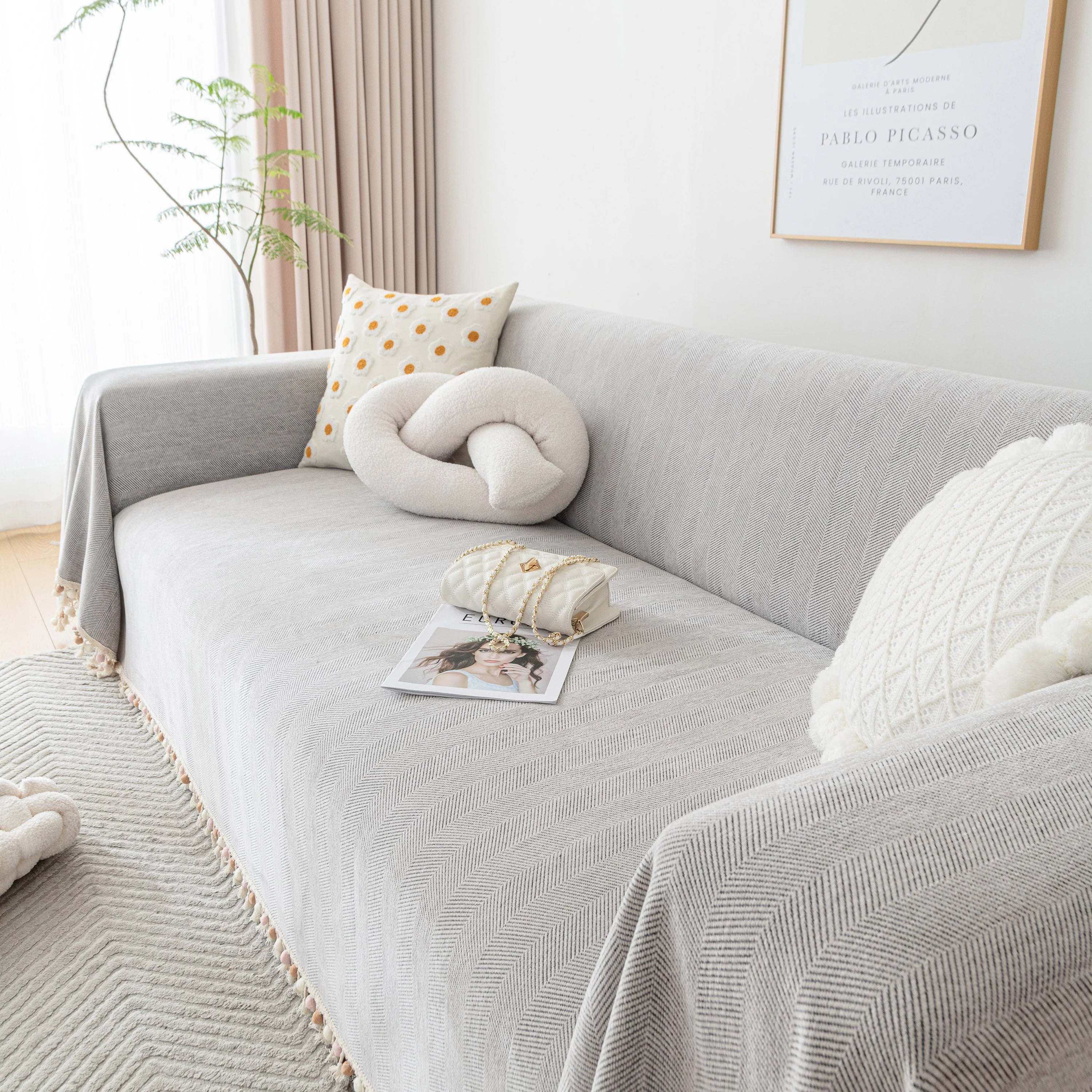 Boho Herringbone Sofa Throw Blanket with Pom Pom Tassels Stylish Furniture Slipcover - Image 45
