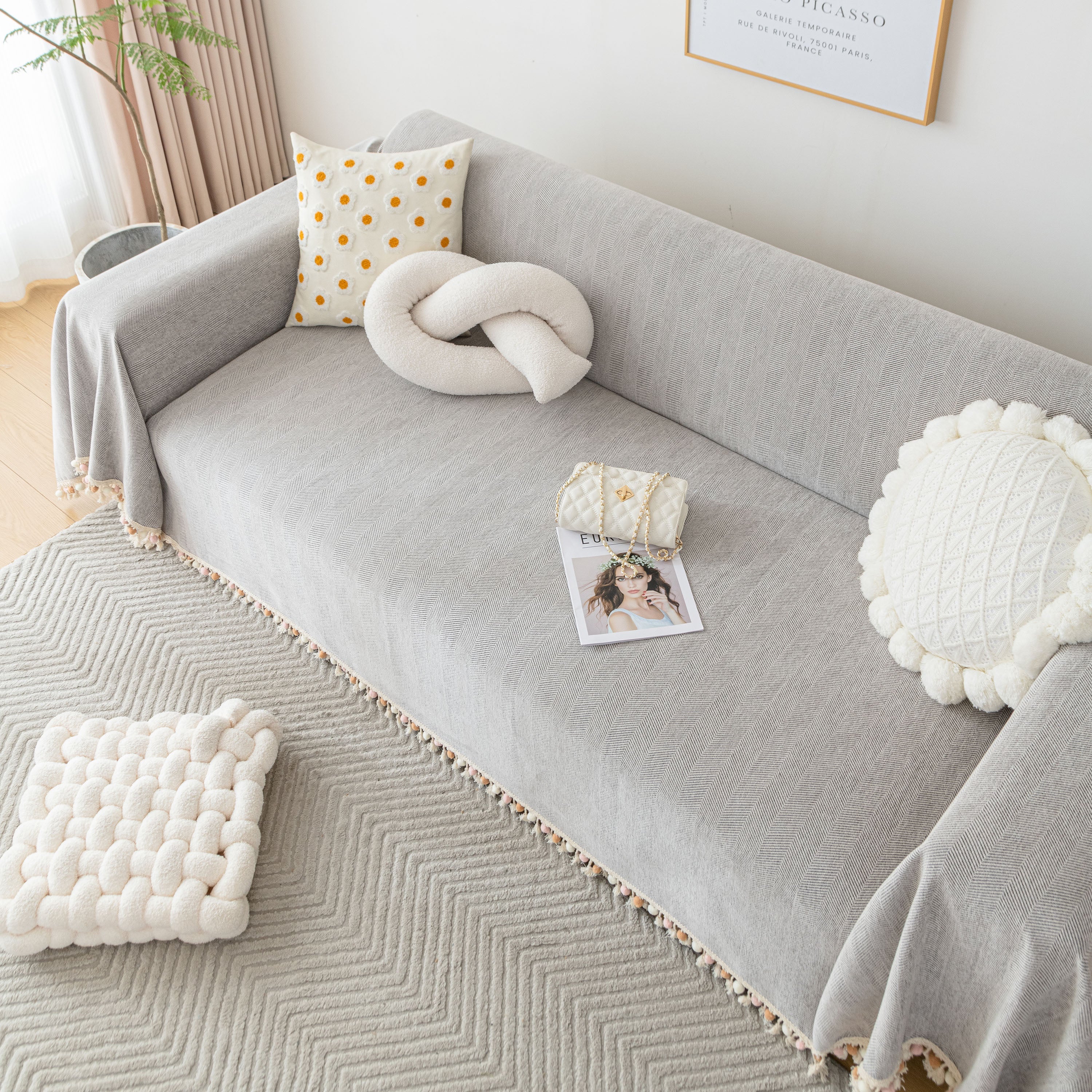 Boho Herringbone Sofa Throw Blanket with Pom Pom Tassels Stylish Furniture Slipcover - Image 46