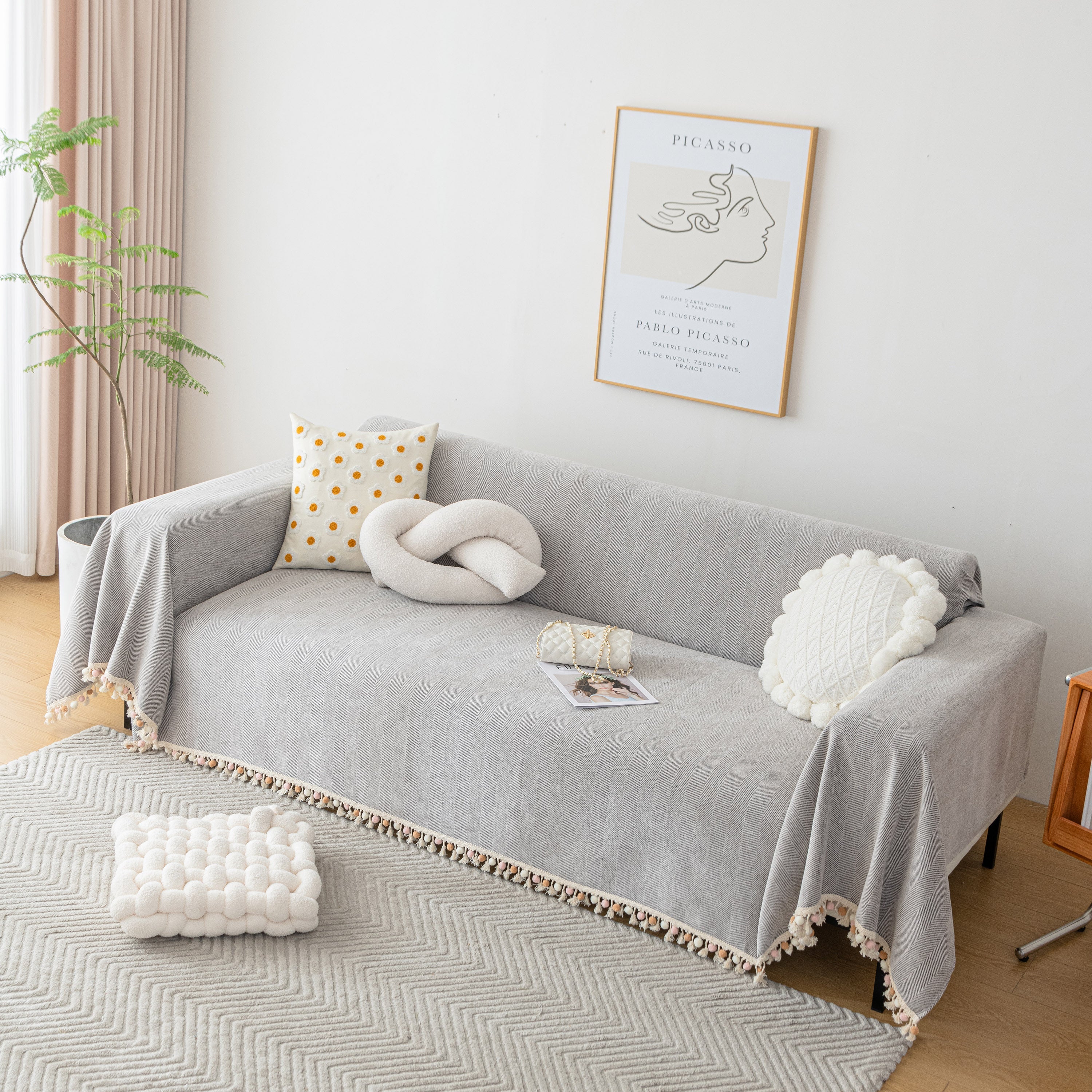 Boho Herringbone Sofa Throw Blanket with Pom Pom Tassels Stylish Furniture Slipcover - Image 47
