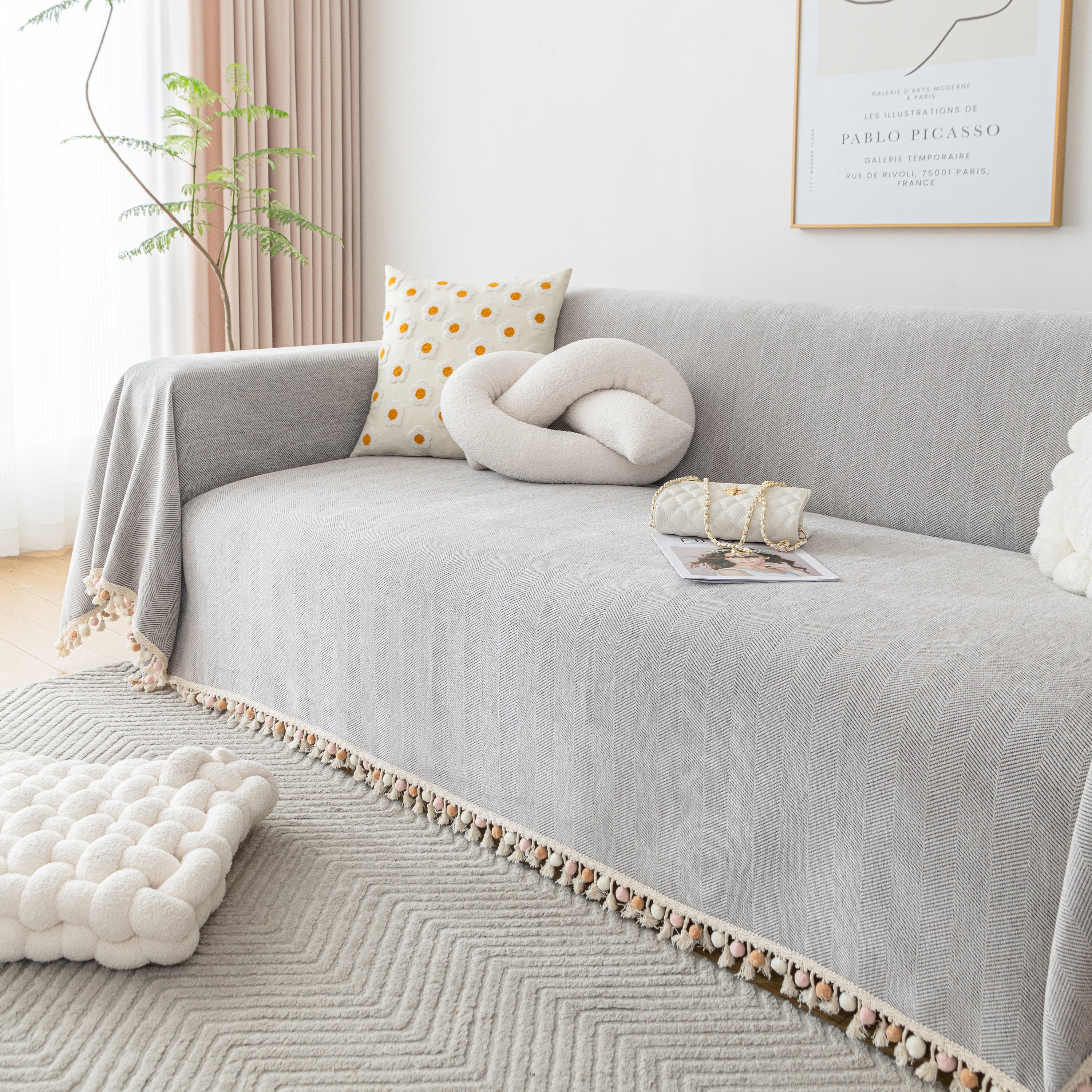Boho Herringbone Sofa Throw Blanket with Pom Pom Tassels Stylish Furniture Slipcover - Image 48