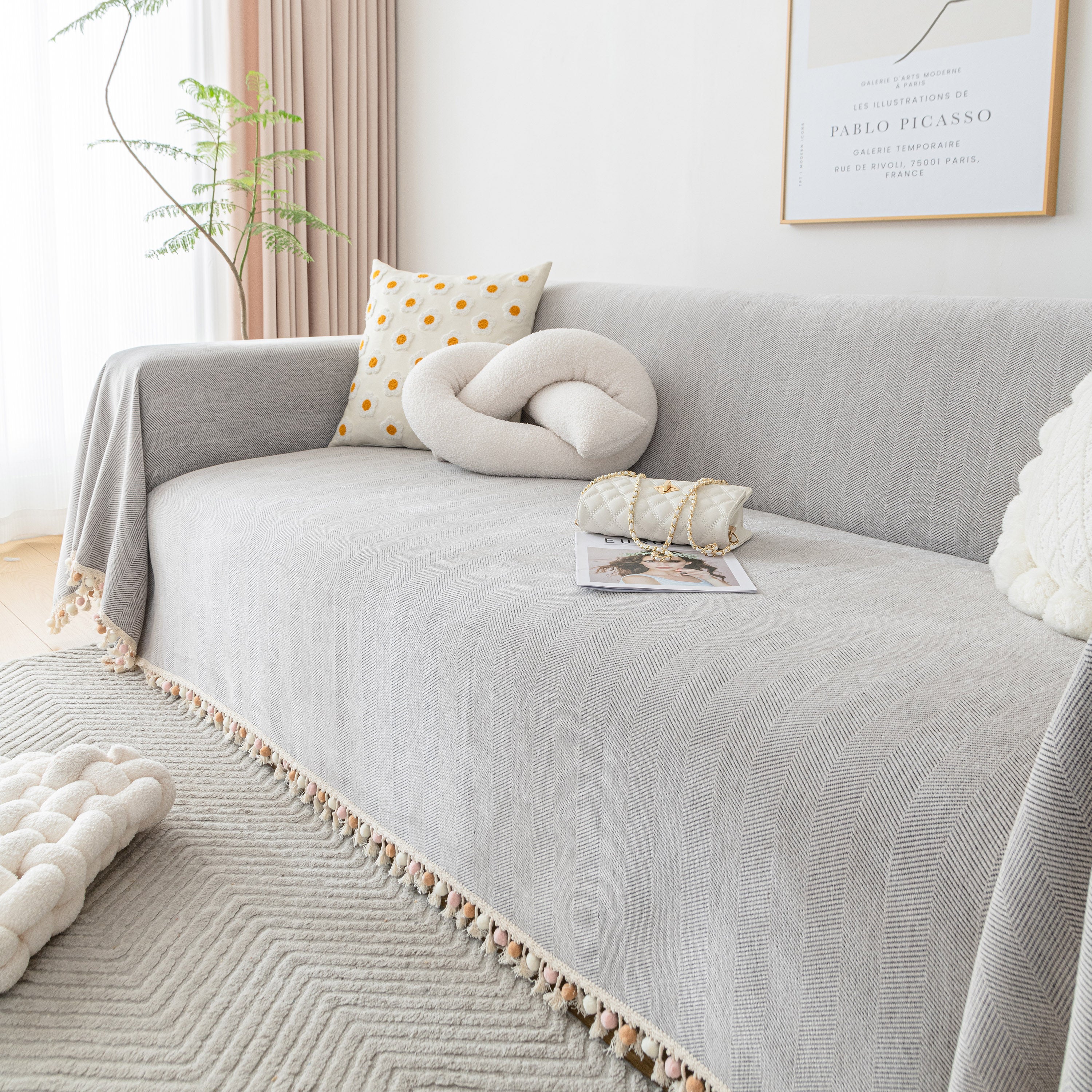 Boho Herringbone Sofa Throw Blanket with Pom Pom Tassels Stylish Furniture Slipcover - Image 49