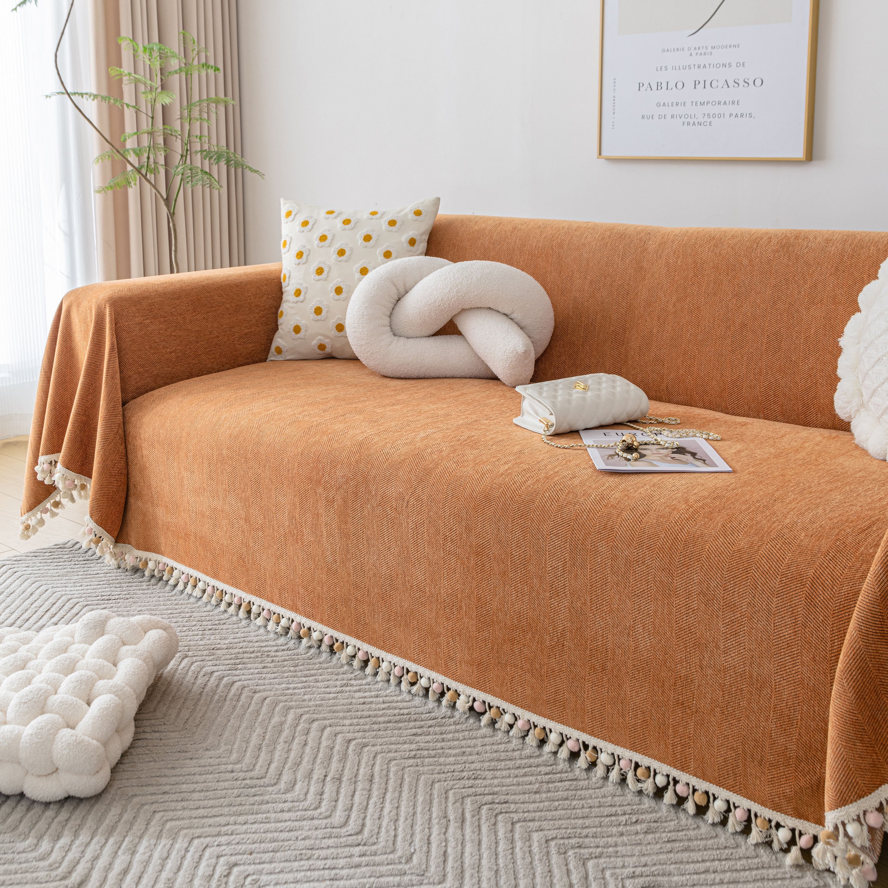 Boho Herringbone Sofa Throw Blanket with Pom Pom Tassels Stylish Furniture Slipcover - Image 5
