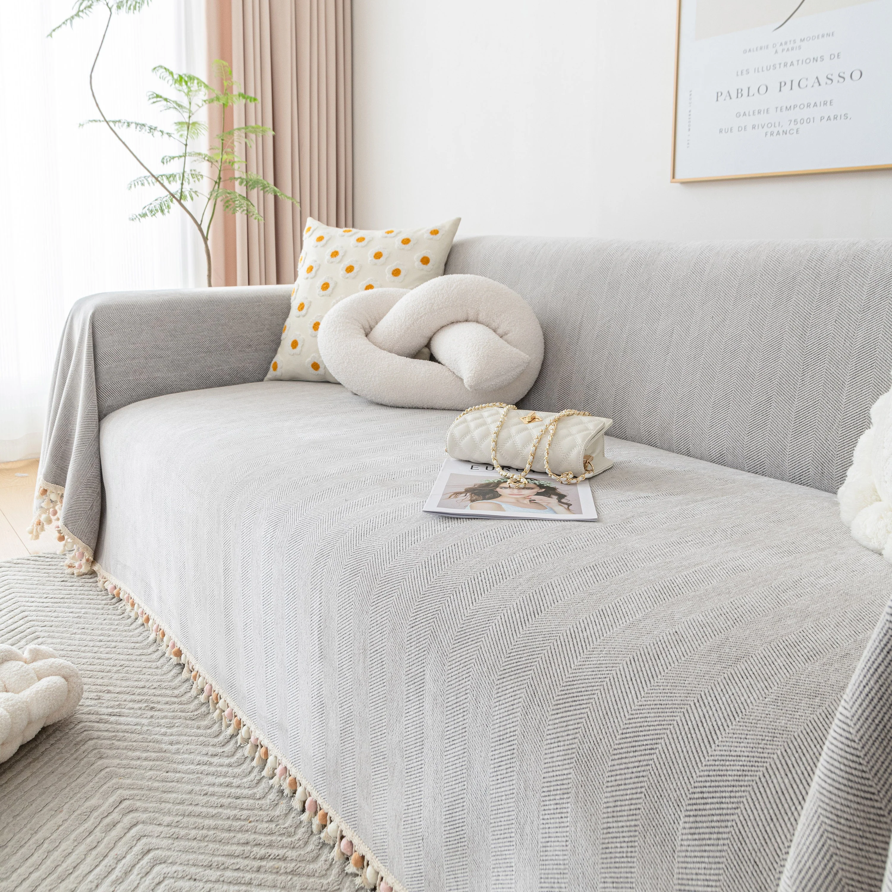 Boho Herringbone Sofa Throw Blanket with Pom Pom Tassels Stylish Furniture Slipcover - Image 50