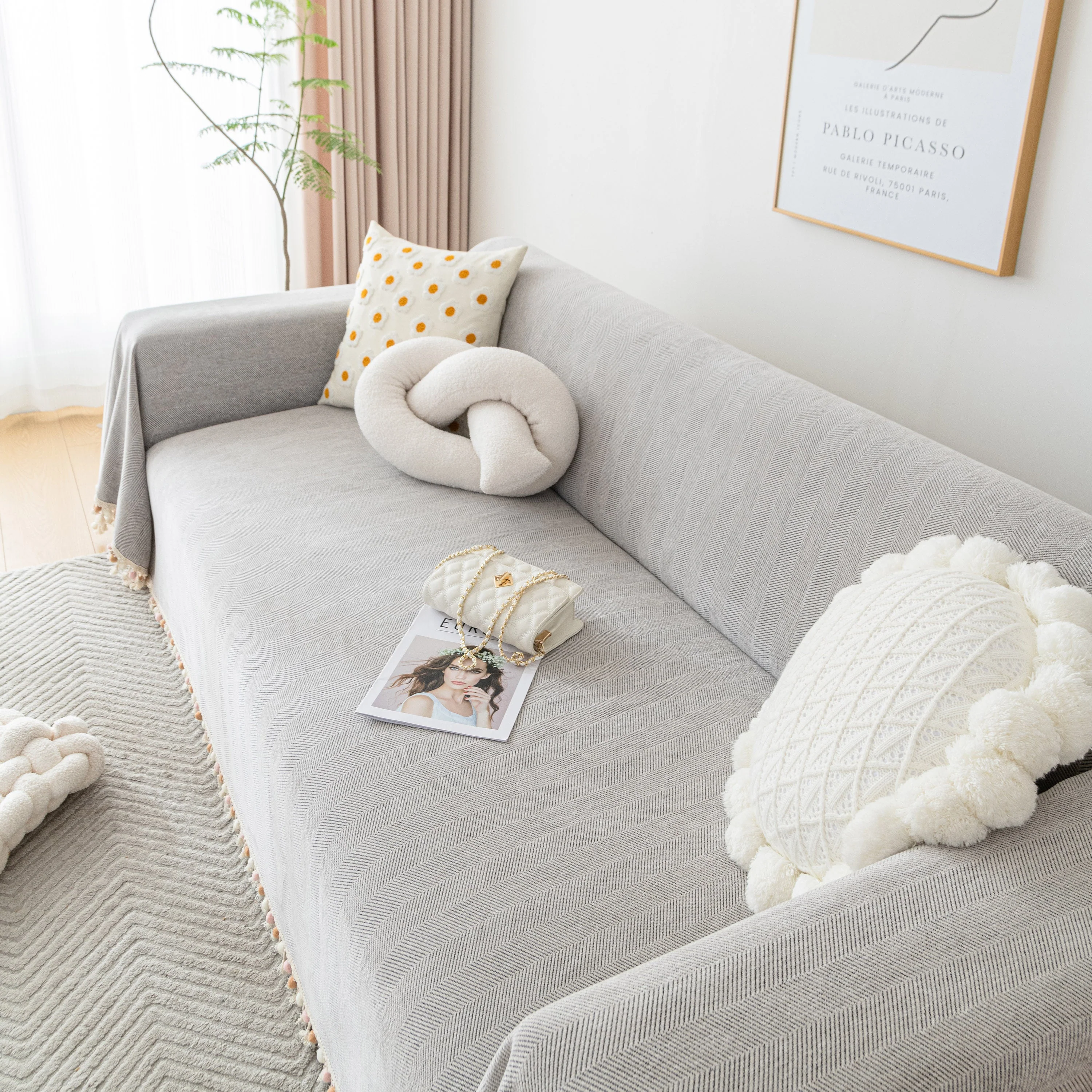 Boho Herringbone Sofa Throw Blanket with Pom Pom Tassels Stylish Furniture Slipcover - Image 51