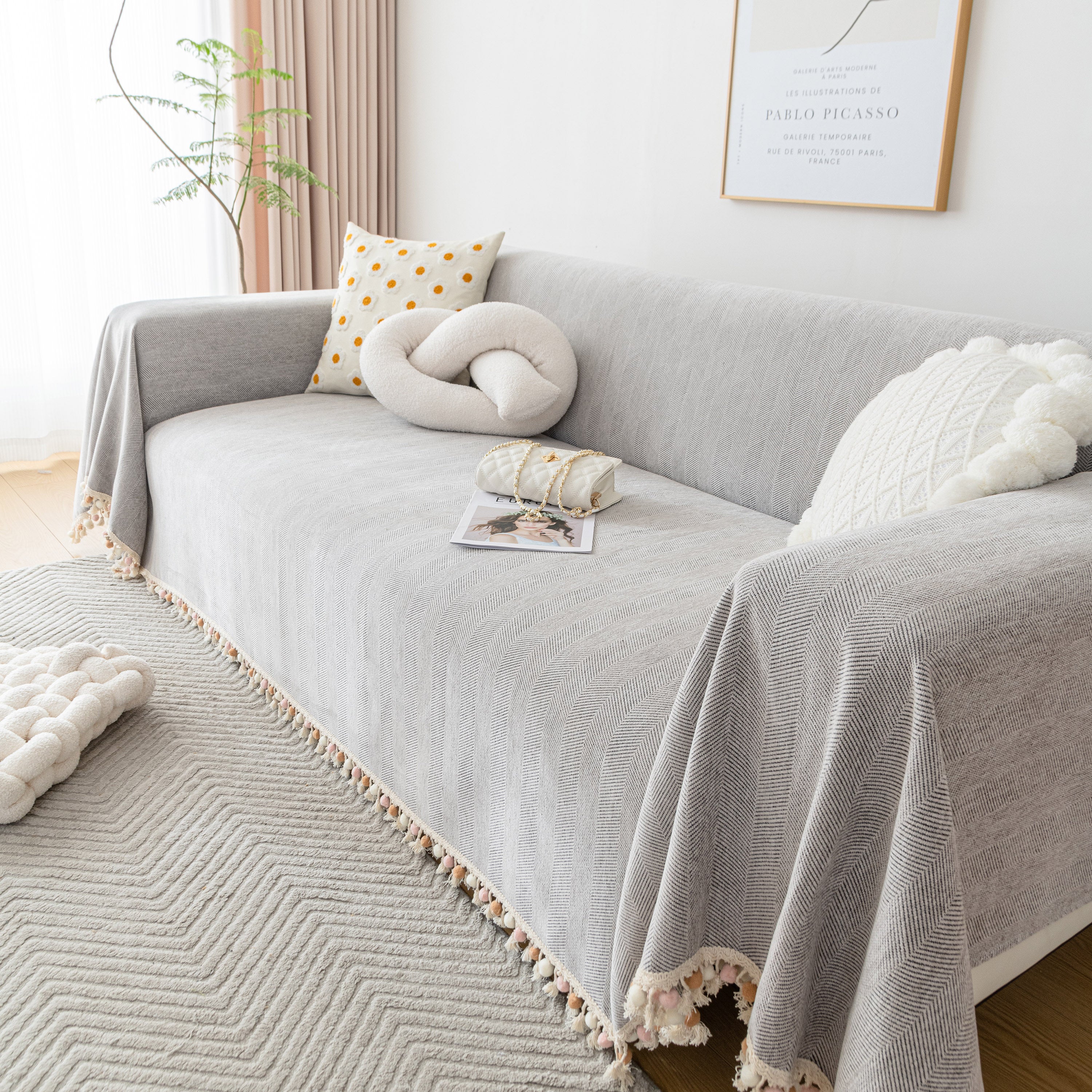 Boho Herringbone Sofa Throw Blanket with Pom Pom Tassels Stylish Furniture Slipcover - Image 52