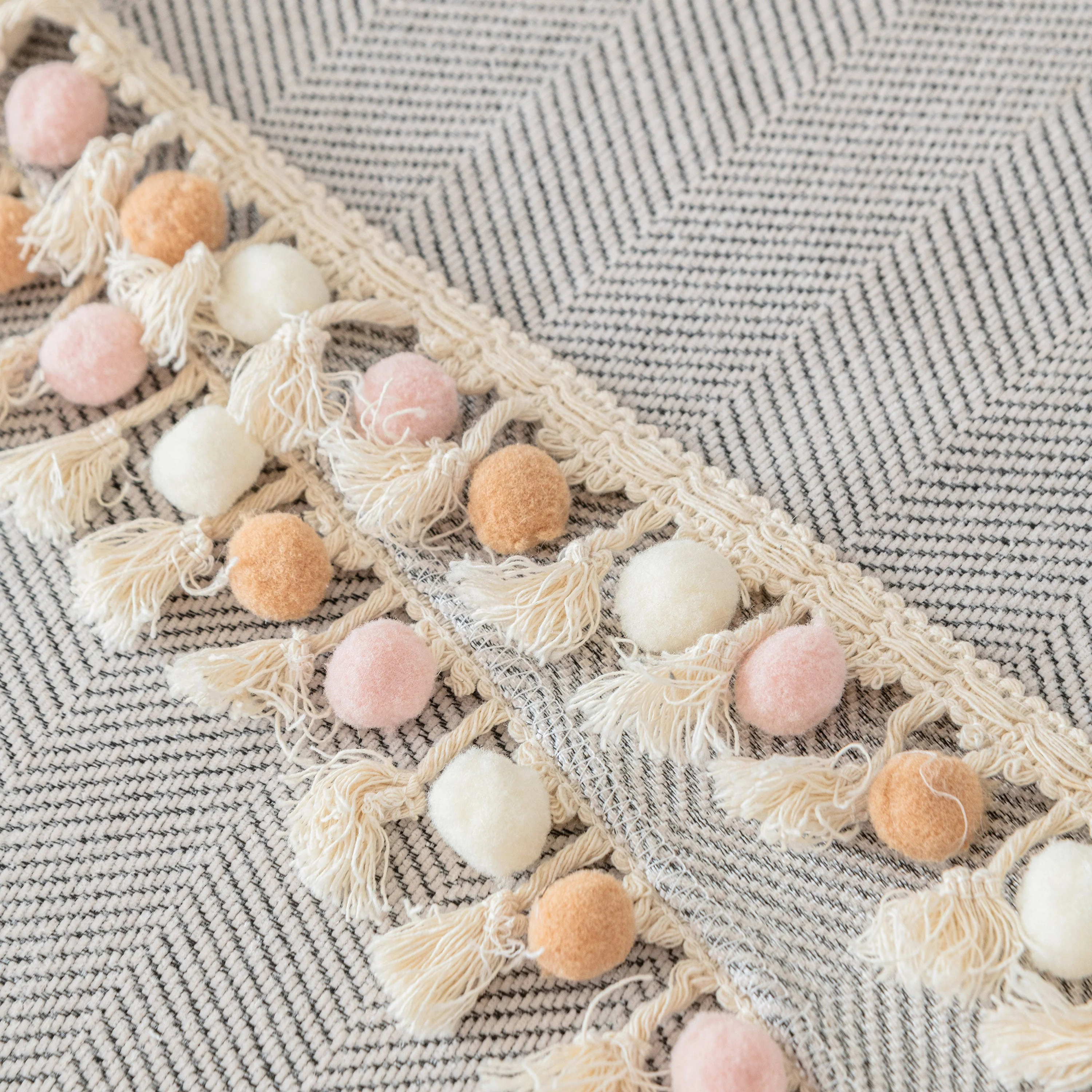 Boho Herringbone Sofa Throw Blanket with Pom Pom Tassels Stylish Furniture Slipcover - Image 54