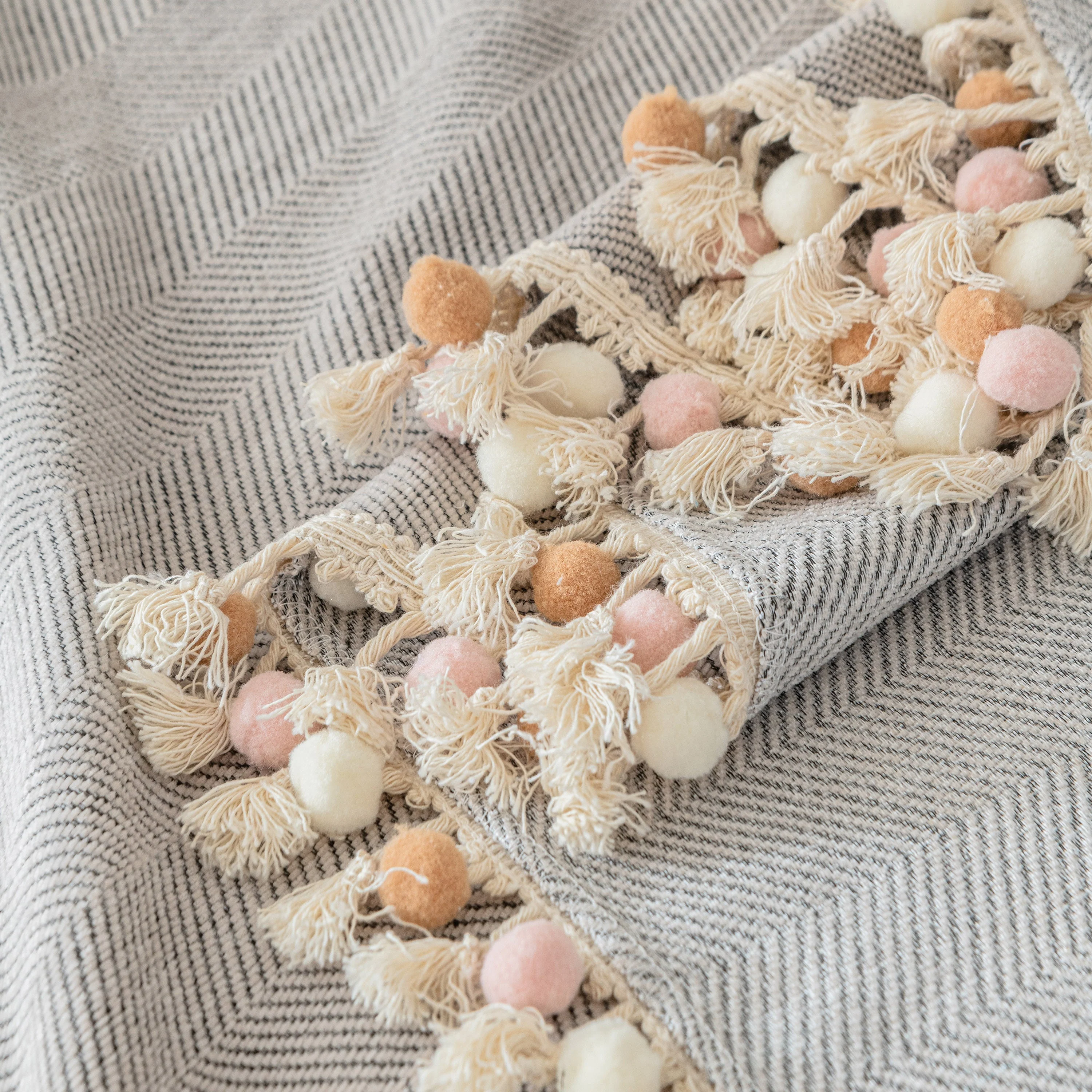 Boho Herringbone Sofa Throw Blanket with Pom Pom Tassels Stylish Furniture Slipcover - Image 55