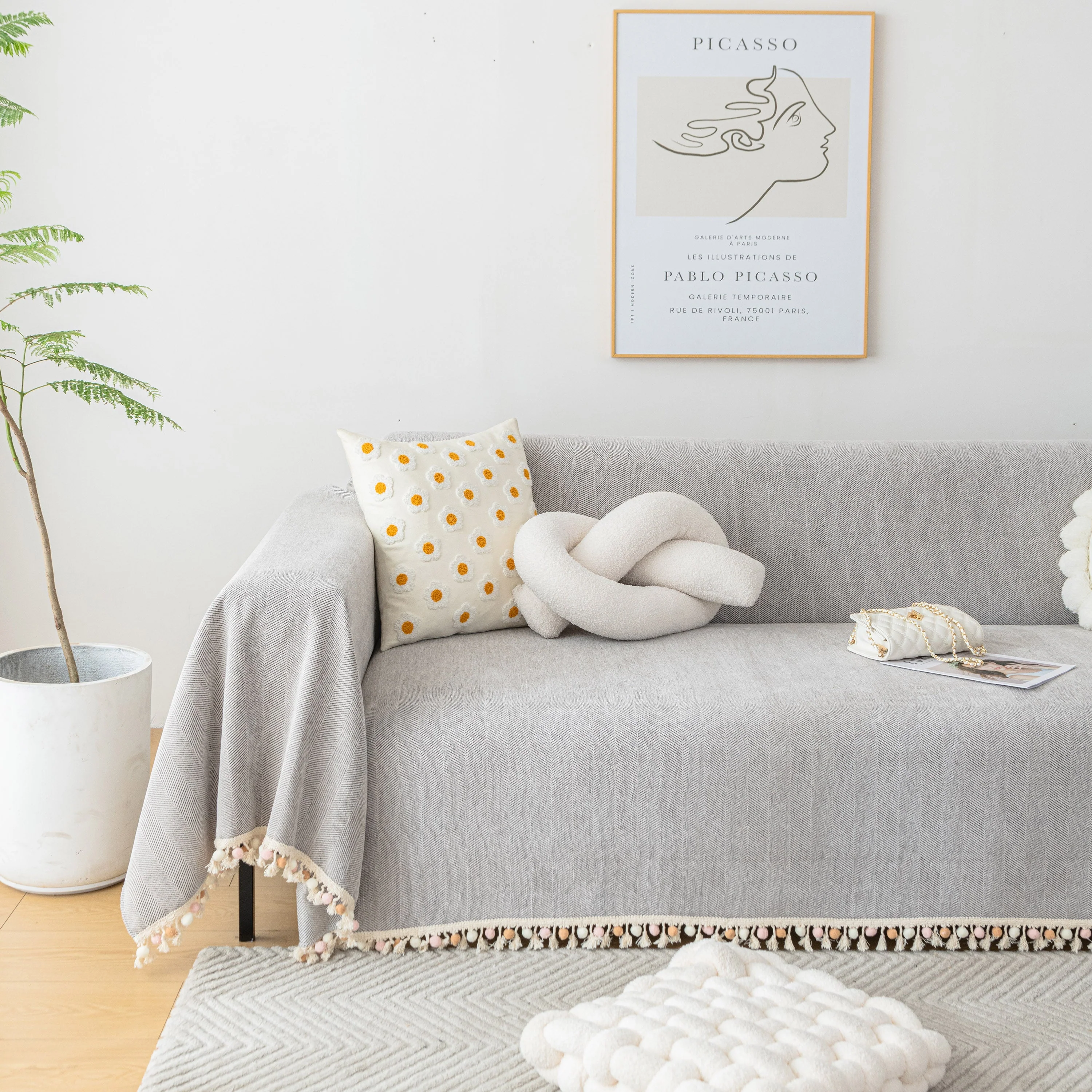Boho Herringbone Sofa Throw Blanket with Pom Pom Tassels Stylish Furniture Slipcover - Image 58