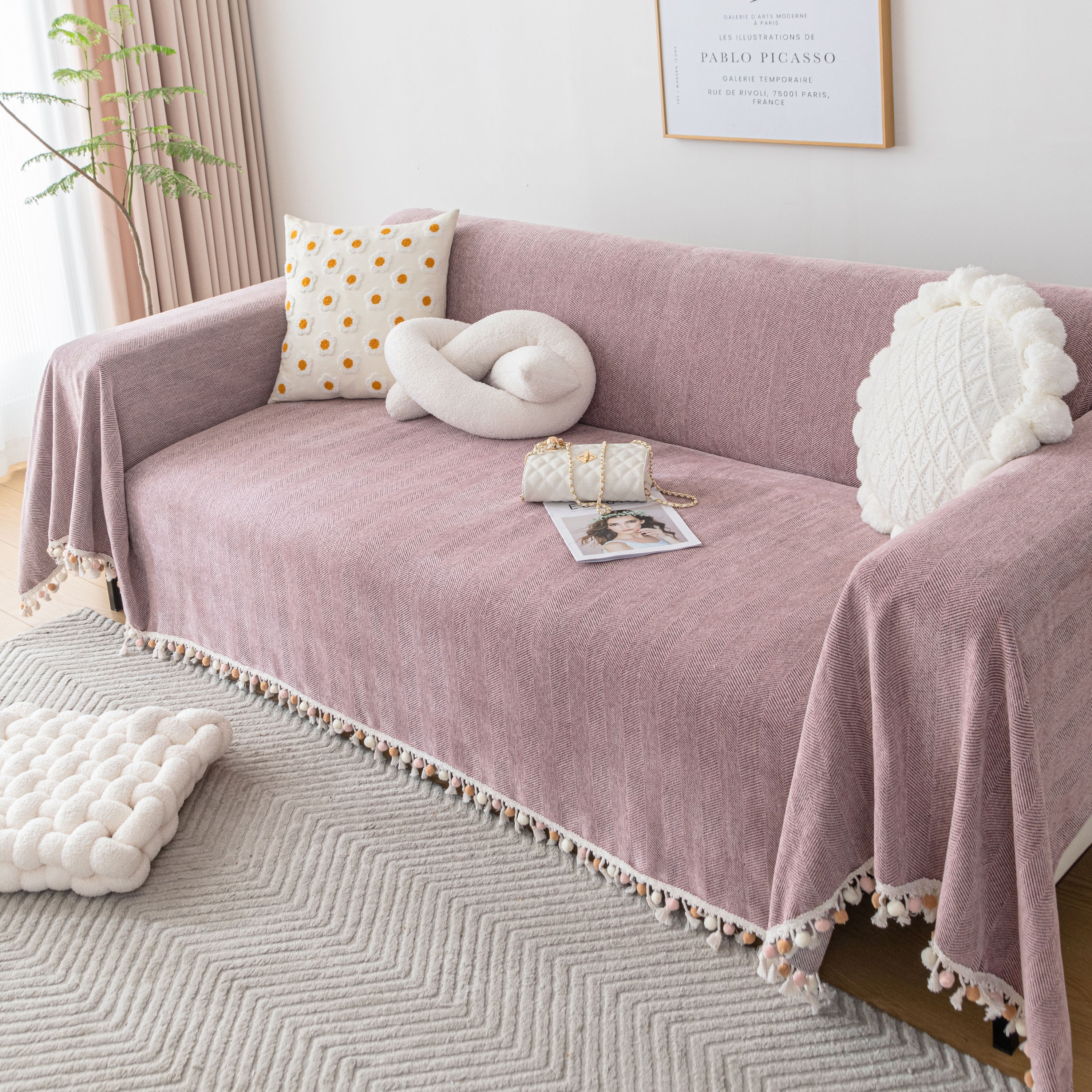 Boho Herringbone Sofa Throw Blanket with Pom Pom Tassels Stylish Furniture Slipcover - Image 59