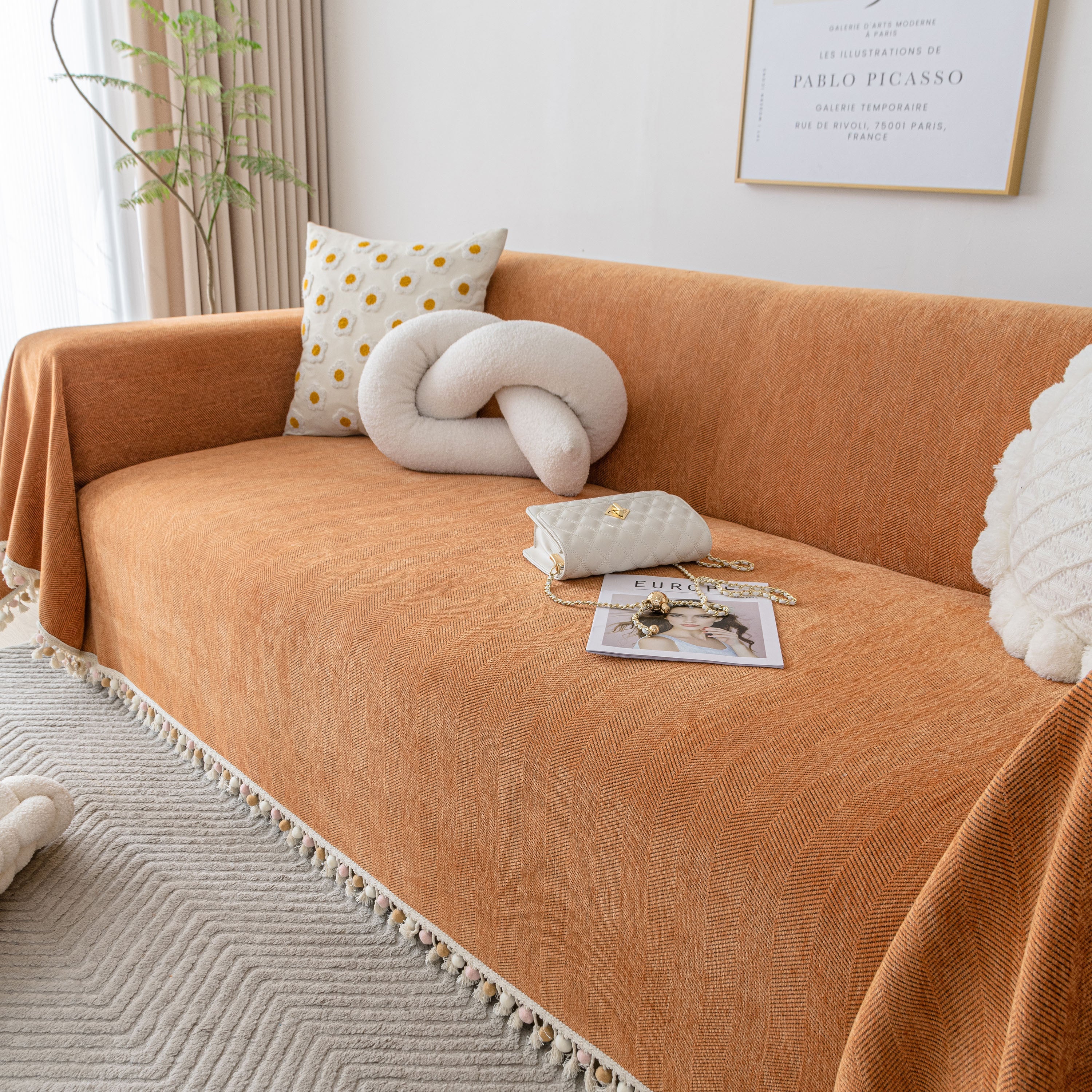 Boho Herringbone Sofa Throw Blanket with Pom Pom Tassels Stylish Furniture Slipcover - Image 6