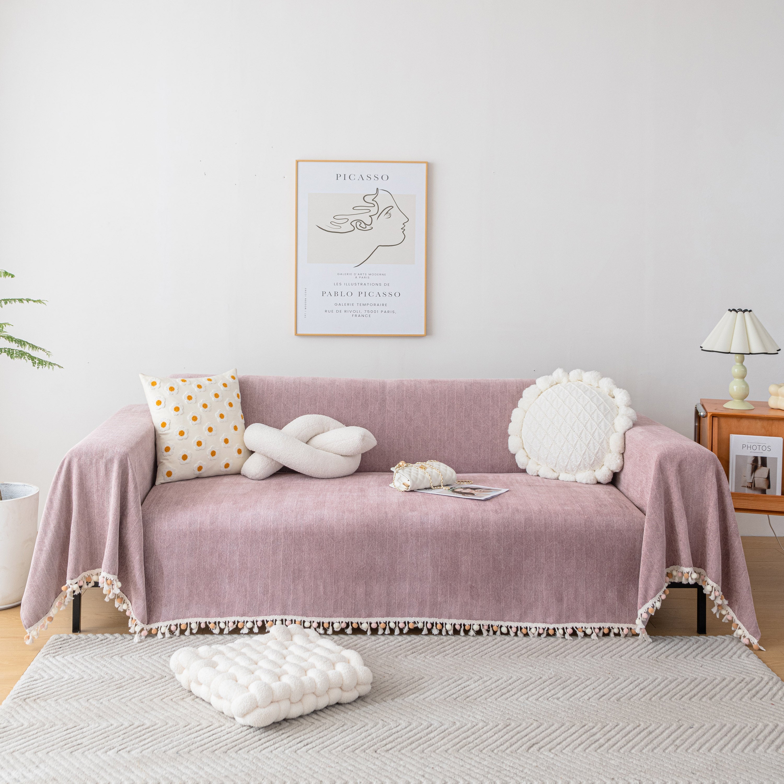 Boho Herringbone Sofa Throw Blanket with Pom Pom Tassels Stylish Furniture Slipcover - Image 60