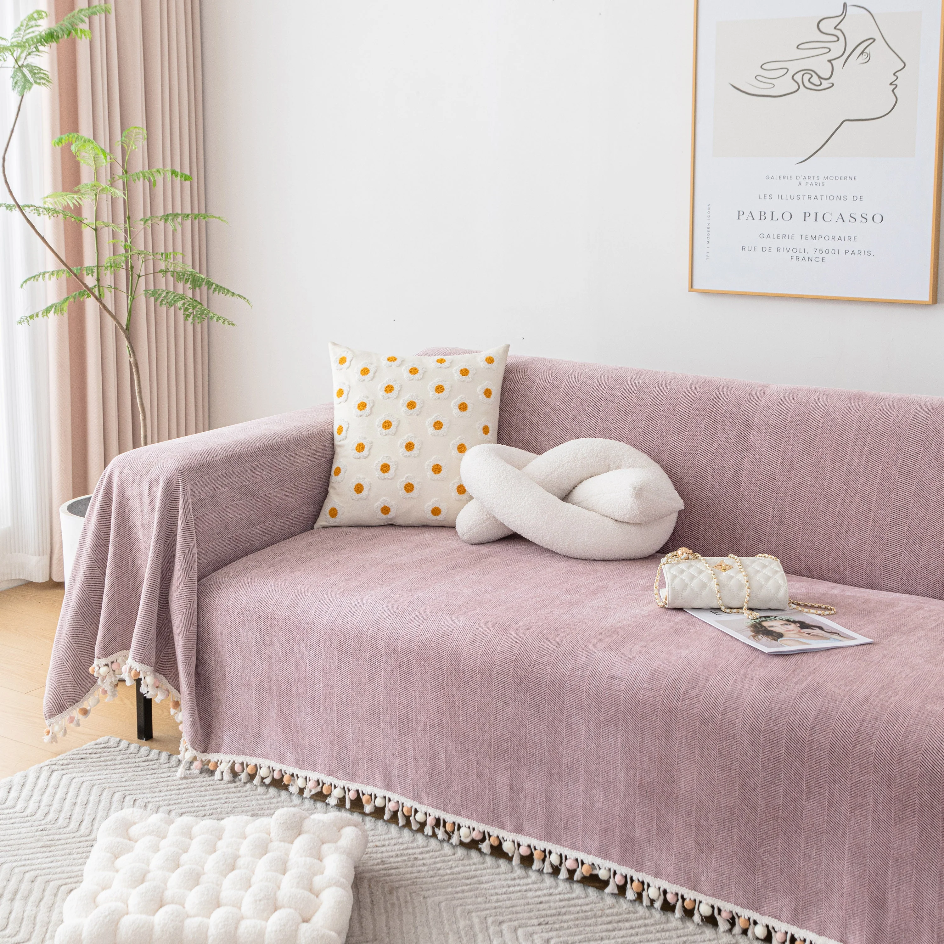 Boho Herringbone Sofa Throw Blanket with Pom Pom Tassels Stylish Furniture Slipcover - Image 61